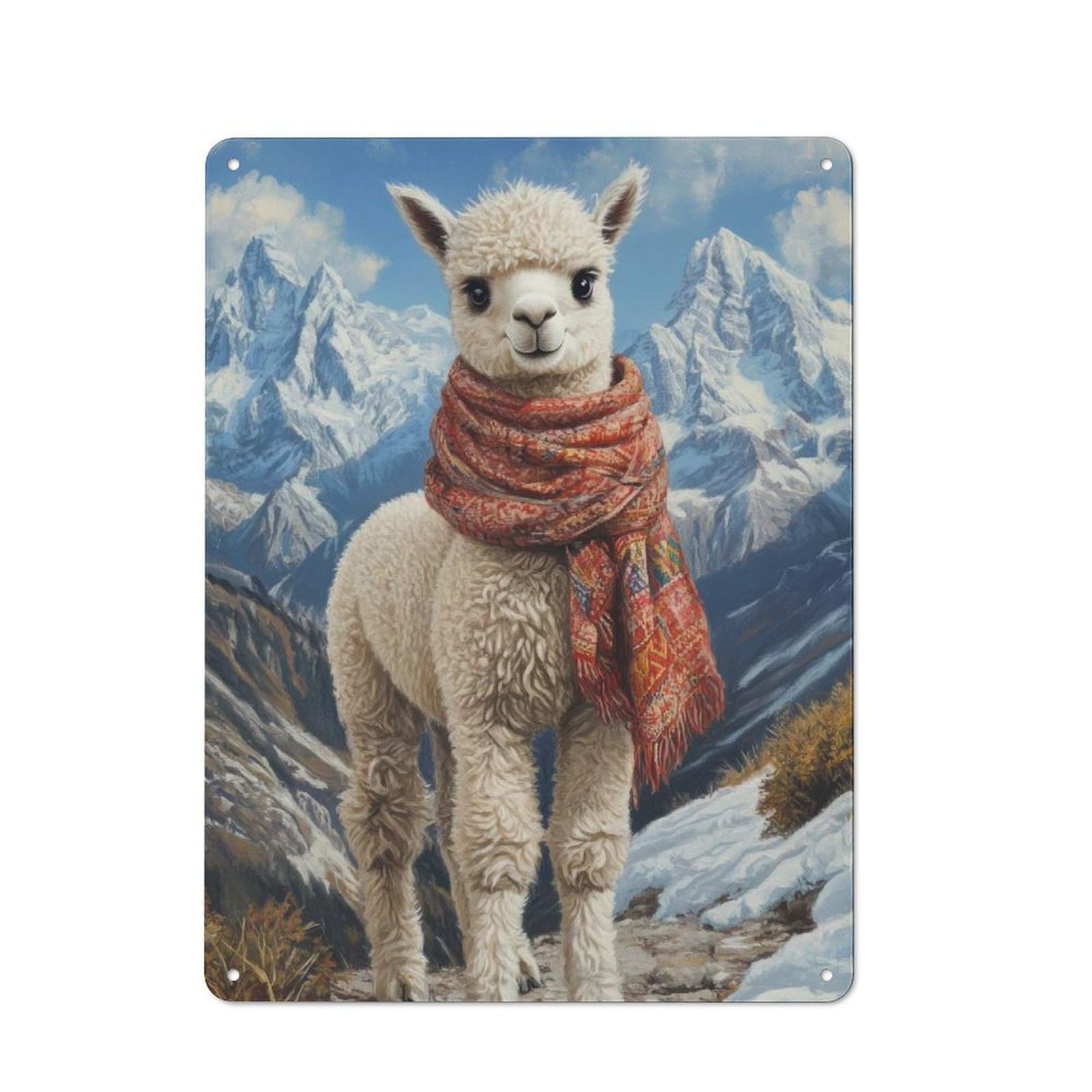 Cottage Tin Sign 40x30cm Featuring Alpaca in The Mountains, Porch Wall Decor for Shed, Garden Room, Porch Or Garage