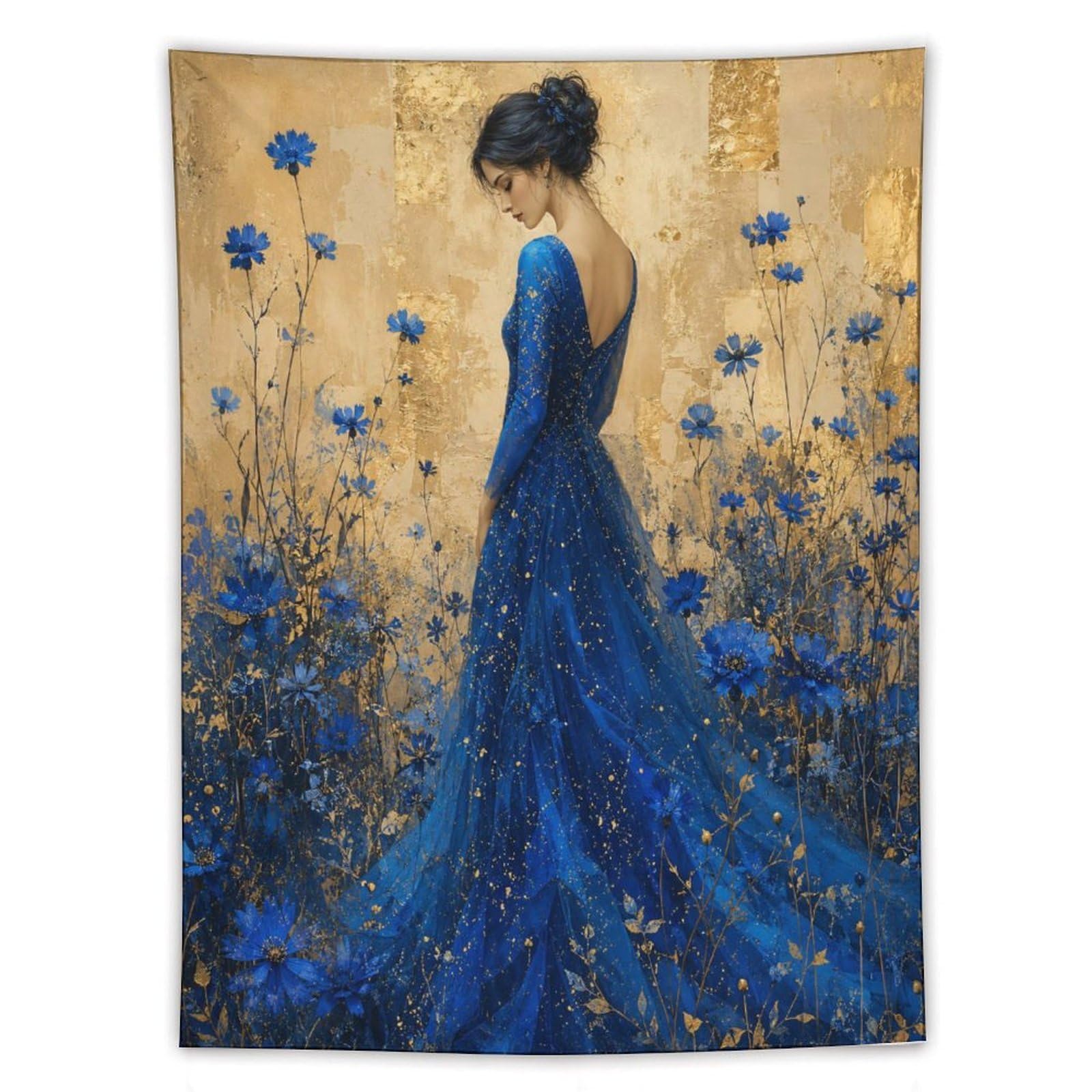 W7C8U2X3 Blue Dress Woman Flower Field Wall Tapestry, Impressionist Meadow