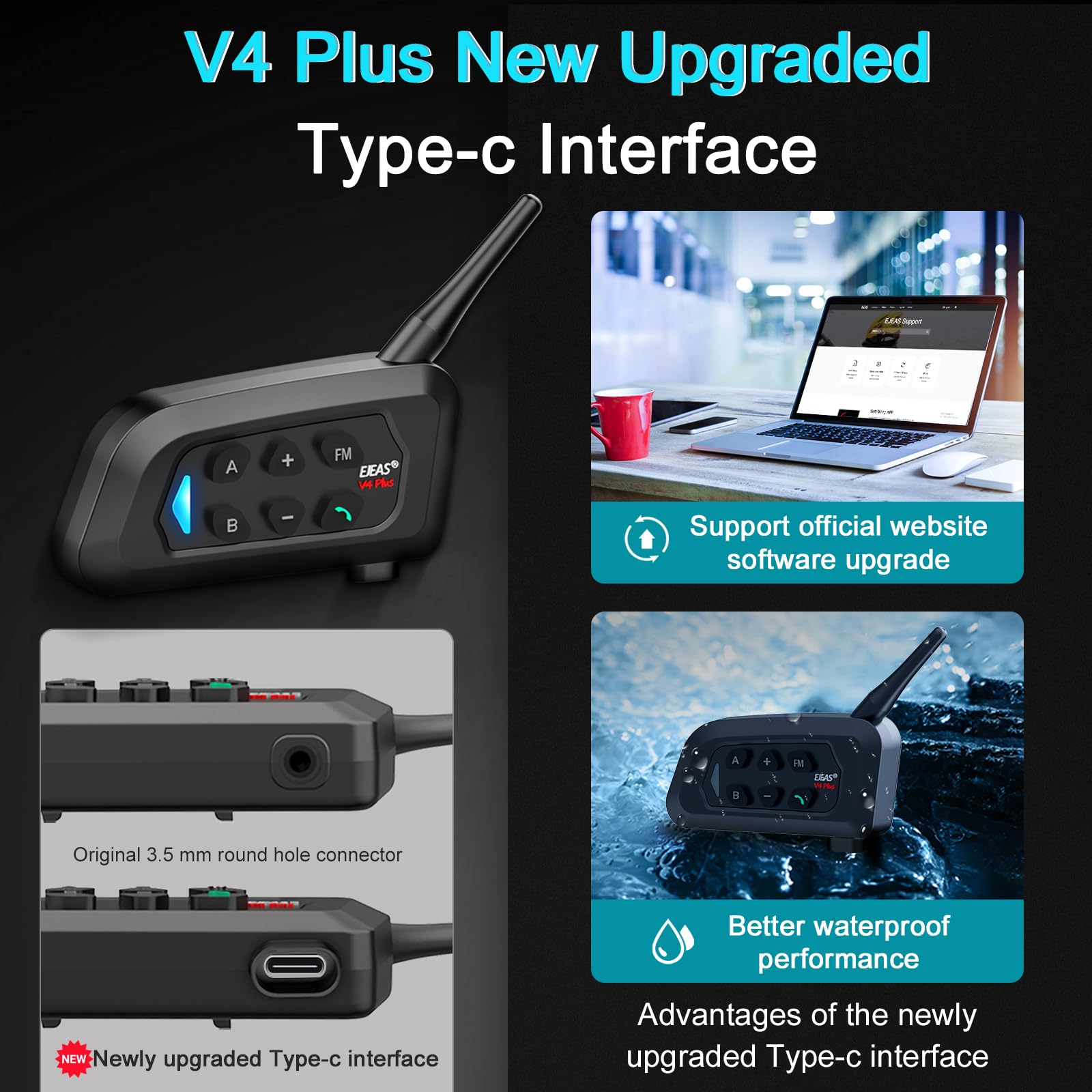 V4 Plus Sistema de Intercomunicación para Cascos de Moto Bluetooth, 1.500 m de Alcance, Comunicación Grupal para 4 Usuarios, Motociclismo, Árbitros de Fútbol, Esquí y Quad/Trail (3 Unidades)