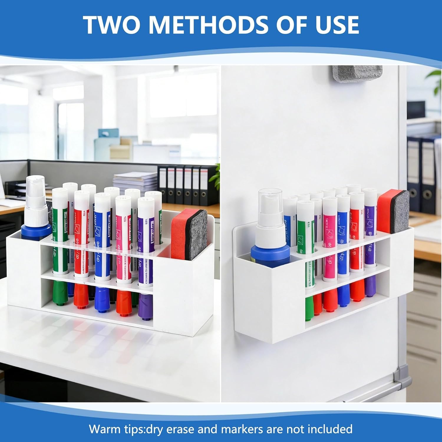 Acrylic Magnetic Dry Erase Marker Holder, 10 Slots White Magnetic Marker Pen Holder, 2PCS Magnet Storage for Whiteboard, Desk Locker Organizer Accessories, Office, Classroom, Home