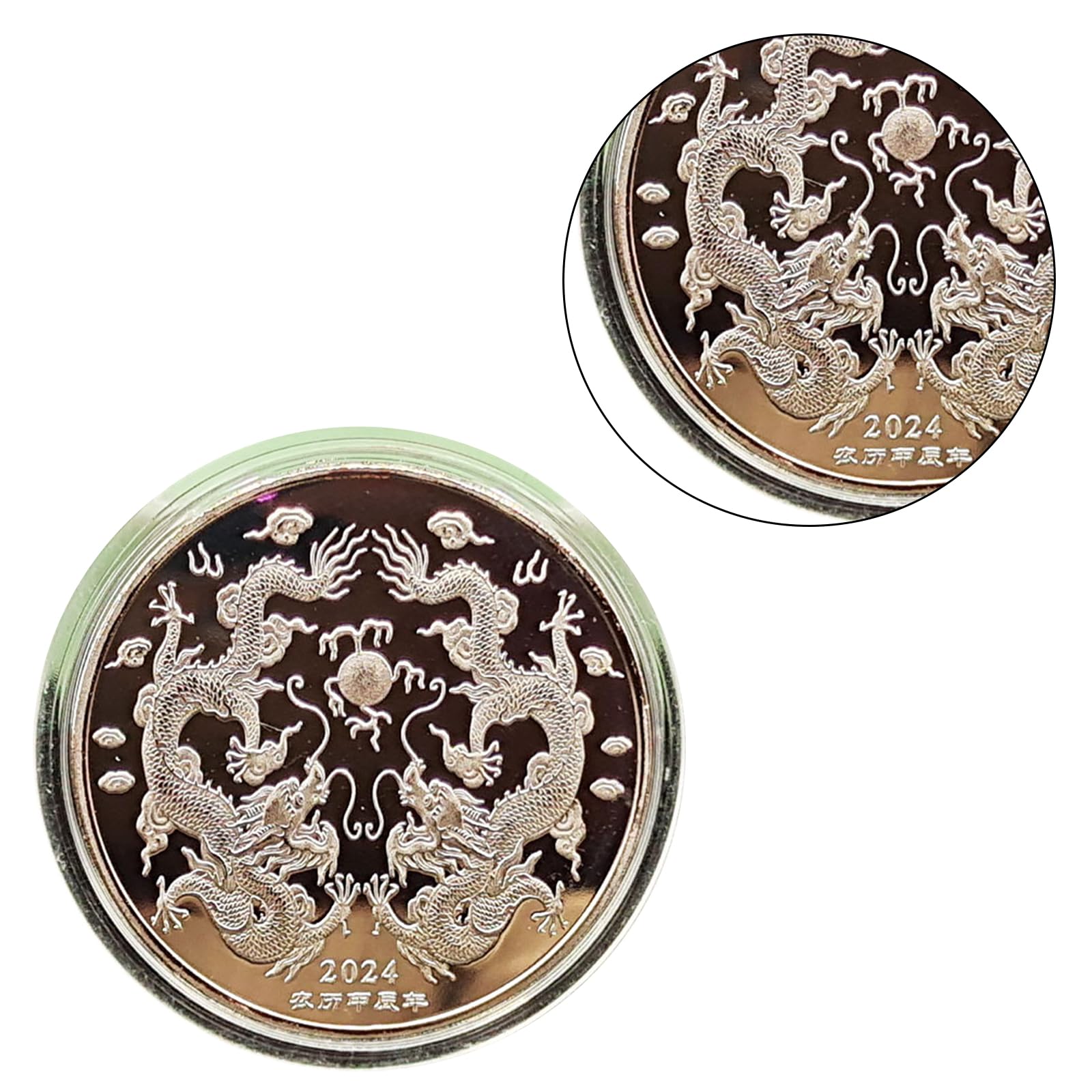 Pièce de Collection 2024 Année du Dragon Médaille commémorative du Zodiaque Chinois Plaqué Or et Argent Pièce de Collection Souvenir des mascottes Chinoises