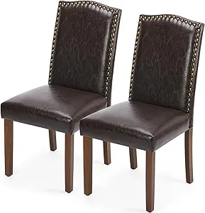 DUMOS Upholstered Dining Chairs,Set of 2 PU Leather Dining Room Kitchen Chair with Nailhead Trim and Wood Legs, Modern Side Chairs for Living Room-Brown