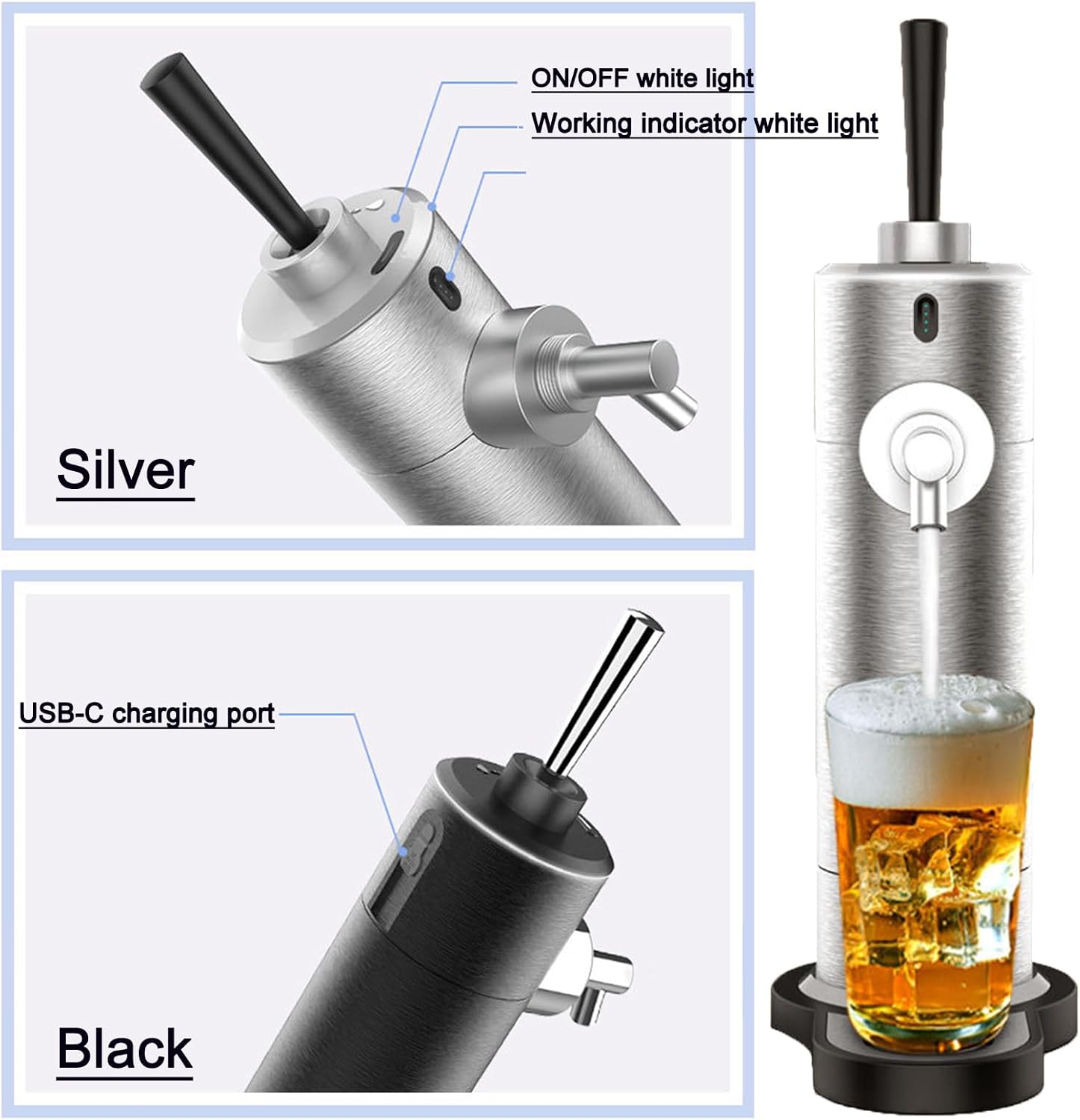 A:Silver,Beer Foam Machine,Beer Kegerator,Draft Beer Dispenser Beer Foam Maker for Home for Beer Lovers,Rechargeable Model