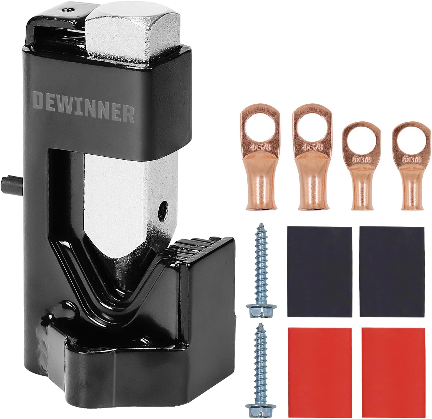 DEWINNER Hammer Lug Crimper Tool for Crimping Cables Wire Terminal Crimp 8 AWG to 4/0 Wire Gauge with 2PCS 8 AWG and 4 AWG (3/8") Wire Copper Lugs, 4PCS Dual Wall Adhesive Heat Shrink Tubing