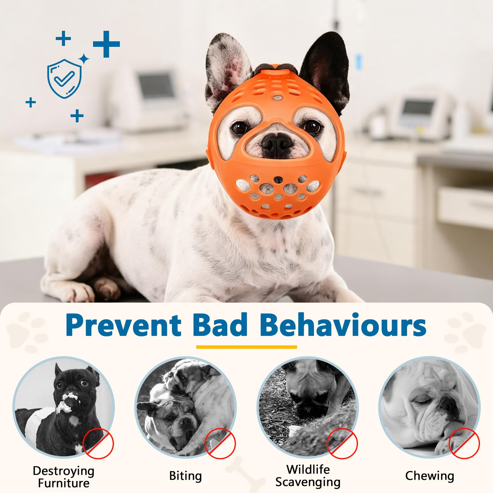 BARKLESS Maulkorb für Hunde, mit kurzer Schnauze, weiches Silikon, flach, für Französische Bulldogge, Shih Tzu und Mops, zum Beißen, Kauen, ermöglicht Hecheln (L(42.9–48 cm), Orange)