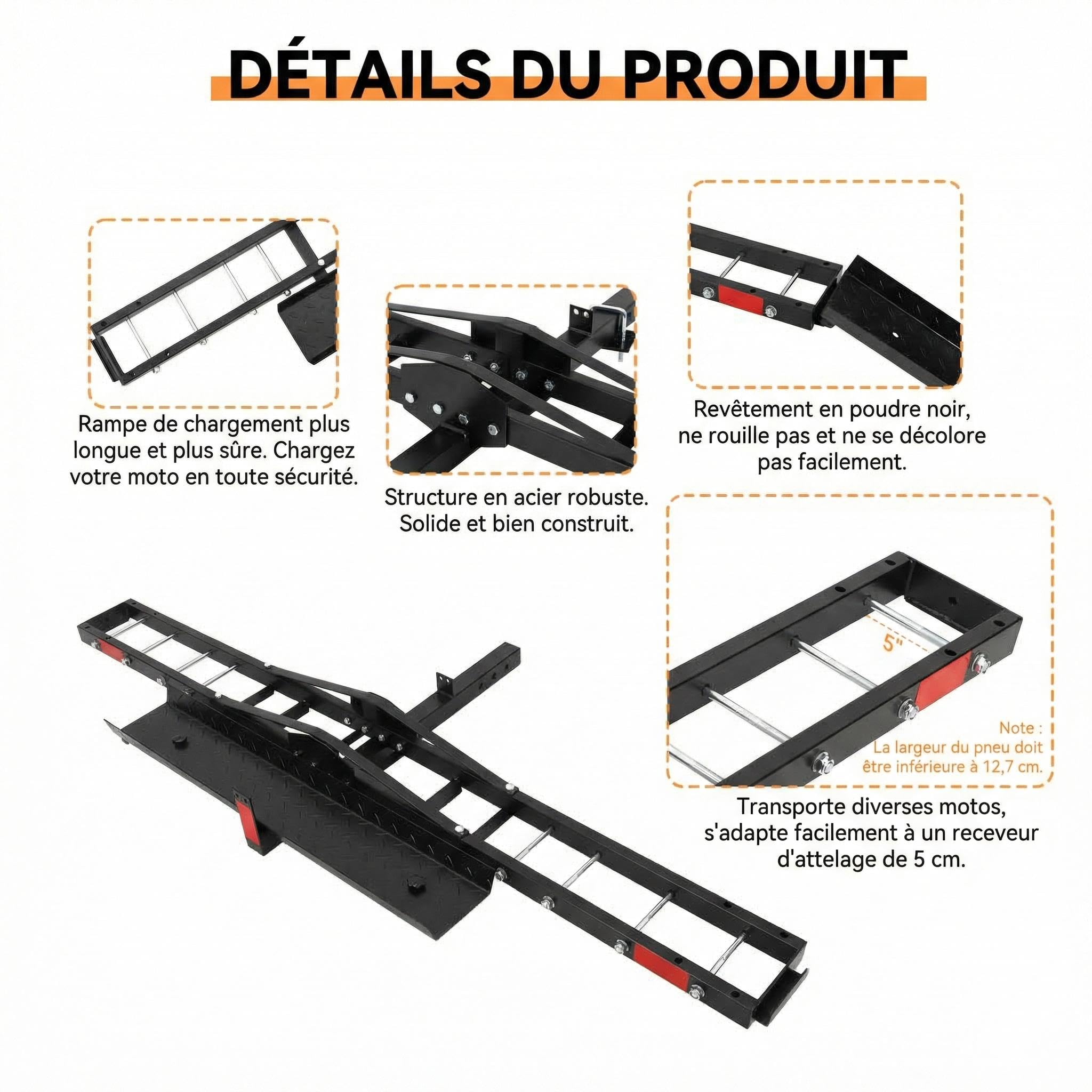 GarveeTech Porte-Bagages Moto 270kg, Rampe + Anti-Bascule, Uniquement pour Attelage Carré Américain 5cm (Standard US, Non Sphérique), pour Moto