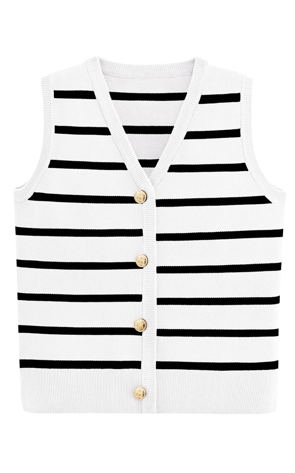 Damska kamizelka sweterkowa bez rękawów, dzianinowa kamizelka w paski z dekoltem w szpic, koszula jesienna, na co dzień podkoszulek zapinana na guziki(White,XL)