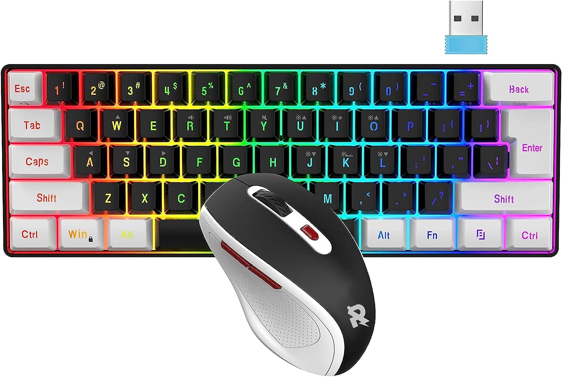 ROCK POW 2.4G Wireless Gaming Keyboard and Mouse Combo, Include Small 60% Merchanical Feel Keyboard, Ergonomic Design Mini Wireless Mouse White Black Combo Wireless