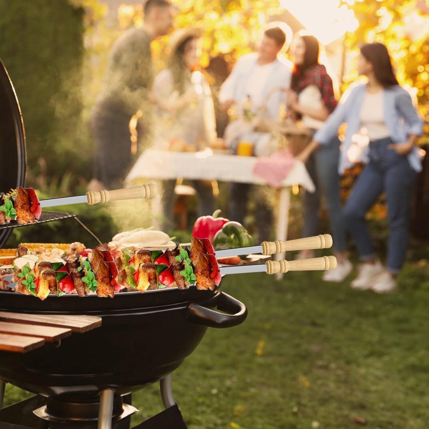 12 Piezas Brochetas Planas para Barbacoa de Acero Inoxidable con Mango de Madera, Pinchos para Barbacoa Reutilizables y Resistentes, Ideal para Parrilla, Pinchitos, Pinchos Morunos y BBQ, 50cm