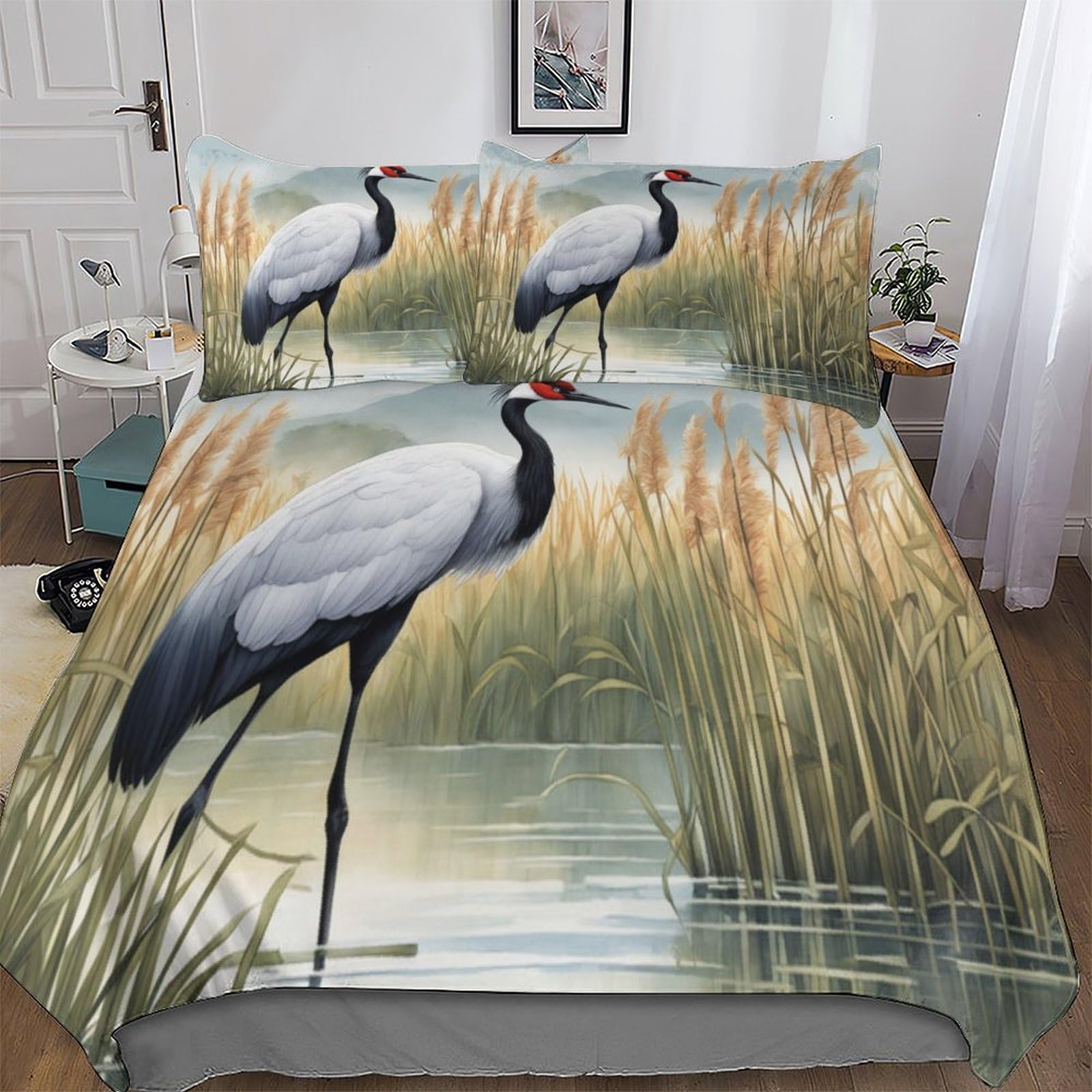 Red-crowned Crane Comforter Cover 3D Print Bedding Set Decorative Duvet Cover Bedspread Cover with Pillowcase Soft Microfiber Zipper Quilt Cover for Kids, Youth And Adult King (220x240cm)