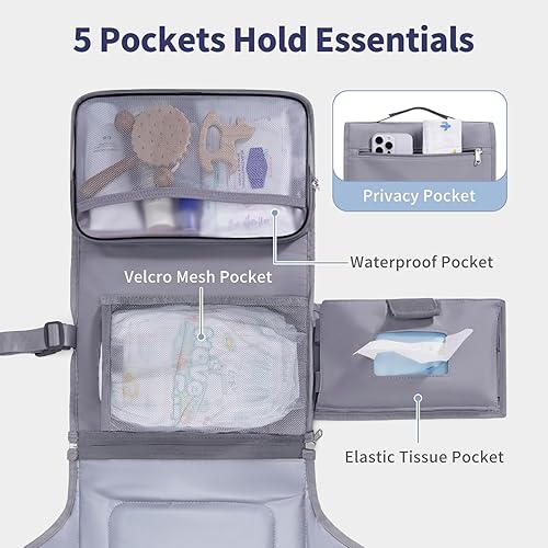 Miniatura 2 de CEICEI Cambiador de pañales portátil, cambiador de pañales grande impermeable con bolsillos para toallitas, cambiador de pañales de viaje plegable y