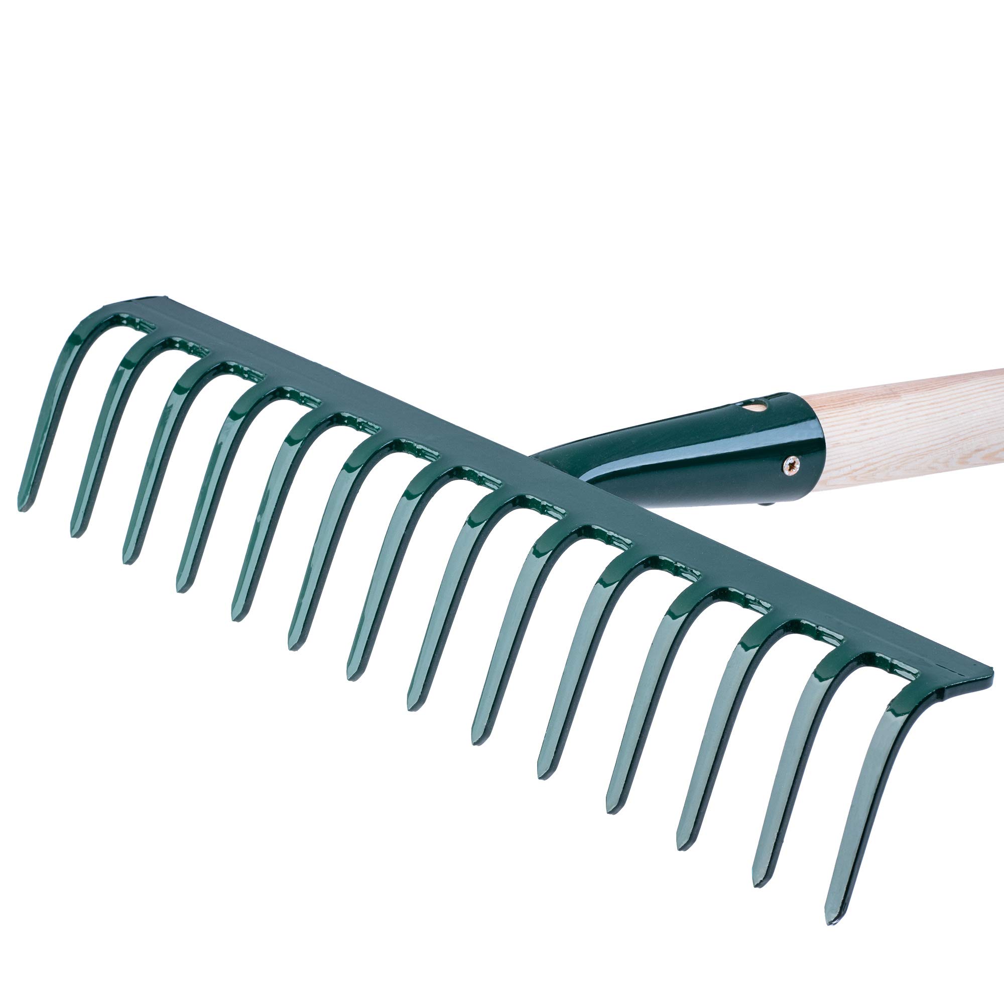 KADAX Râteau en Métal, Râteau Plat avec Manche en Bois, Râteau à Feuilles pour Jardin, Parterre, Râteau à Feuilles, Râteau à Pelouse, Vert, Outil de Jardinage, Outil de Jardinage(14 Dents)