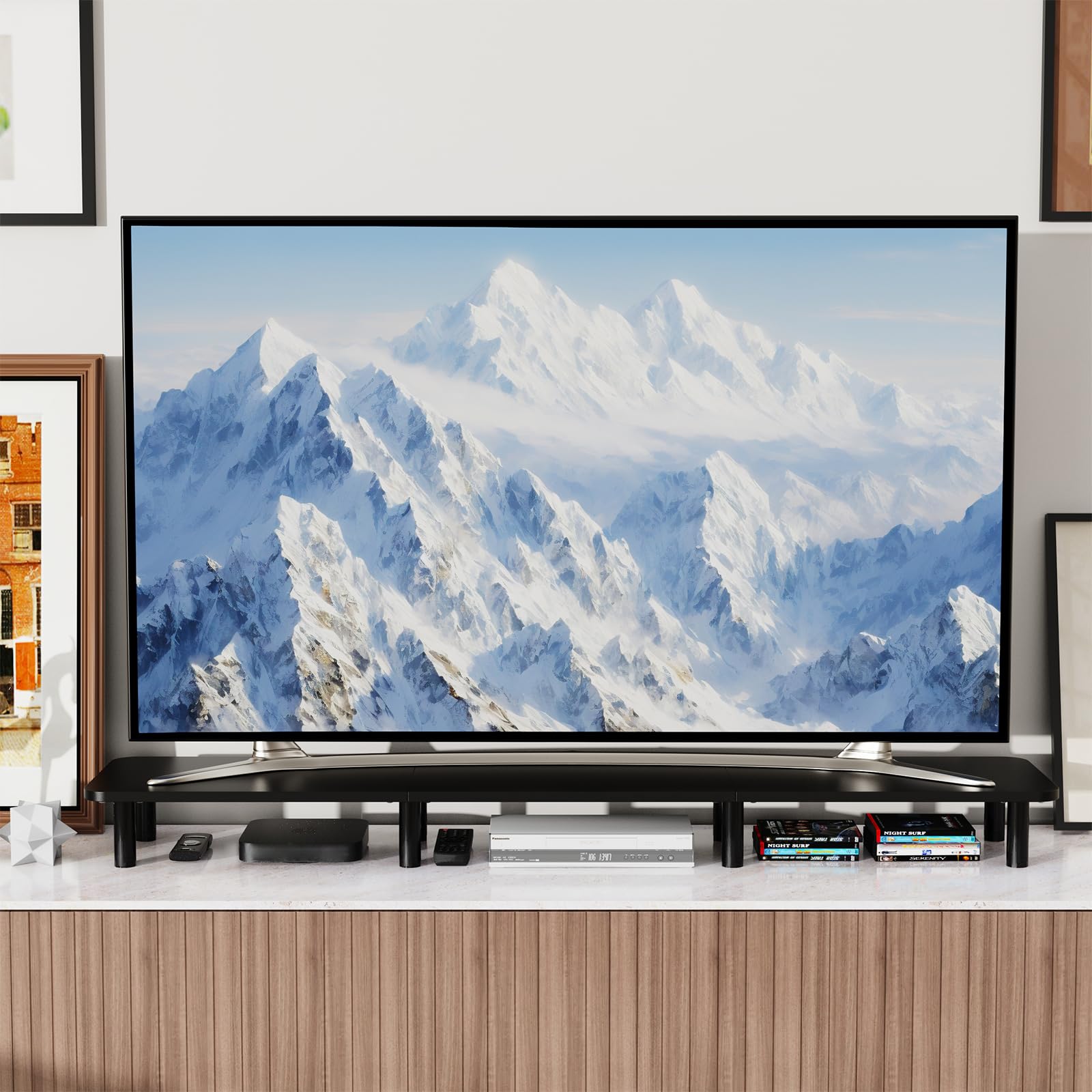 Podwójny stojak na monitor, 111 cm, duży stojak na telewizor na 2 monitory, drewniana i stalowa noga, podpórka na biurko, organizacja, domowe biuro (ciemnoczarny)