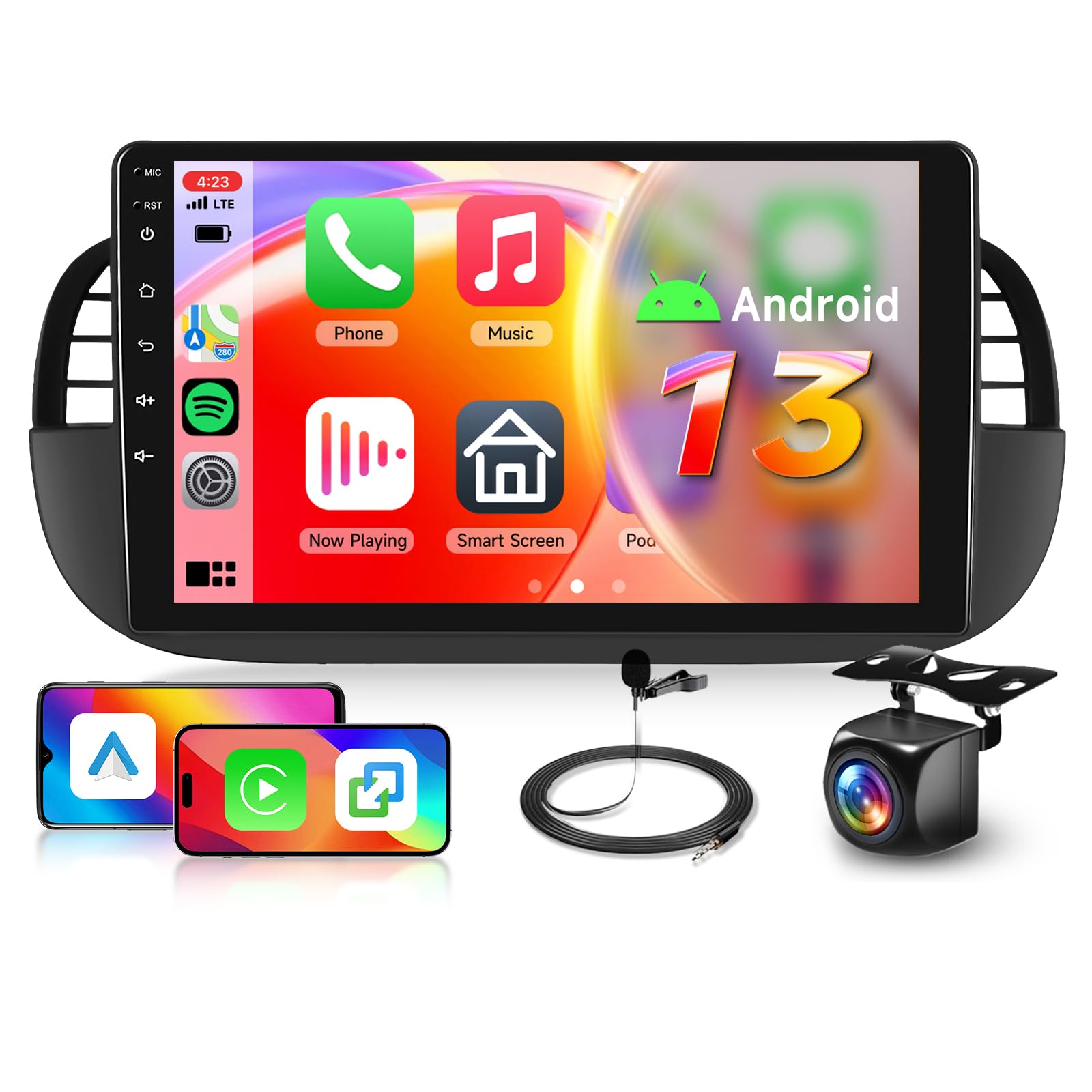 Hodozzy 4+64G Carplay Autoradio Fiat 500 2007-2015, Touchscreen 9 Pouces Android Auto/Auto EQ/Mirrlink/WiFi/GPS/RDS/FM/B