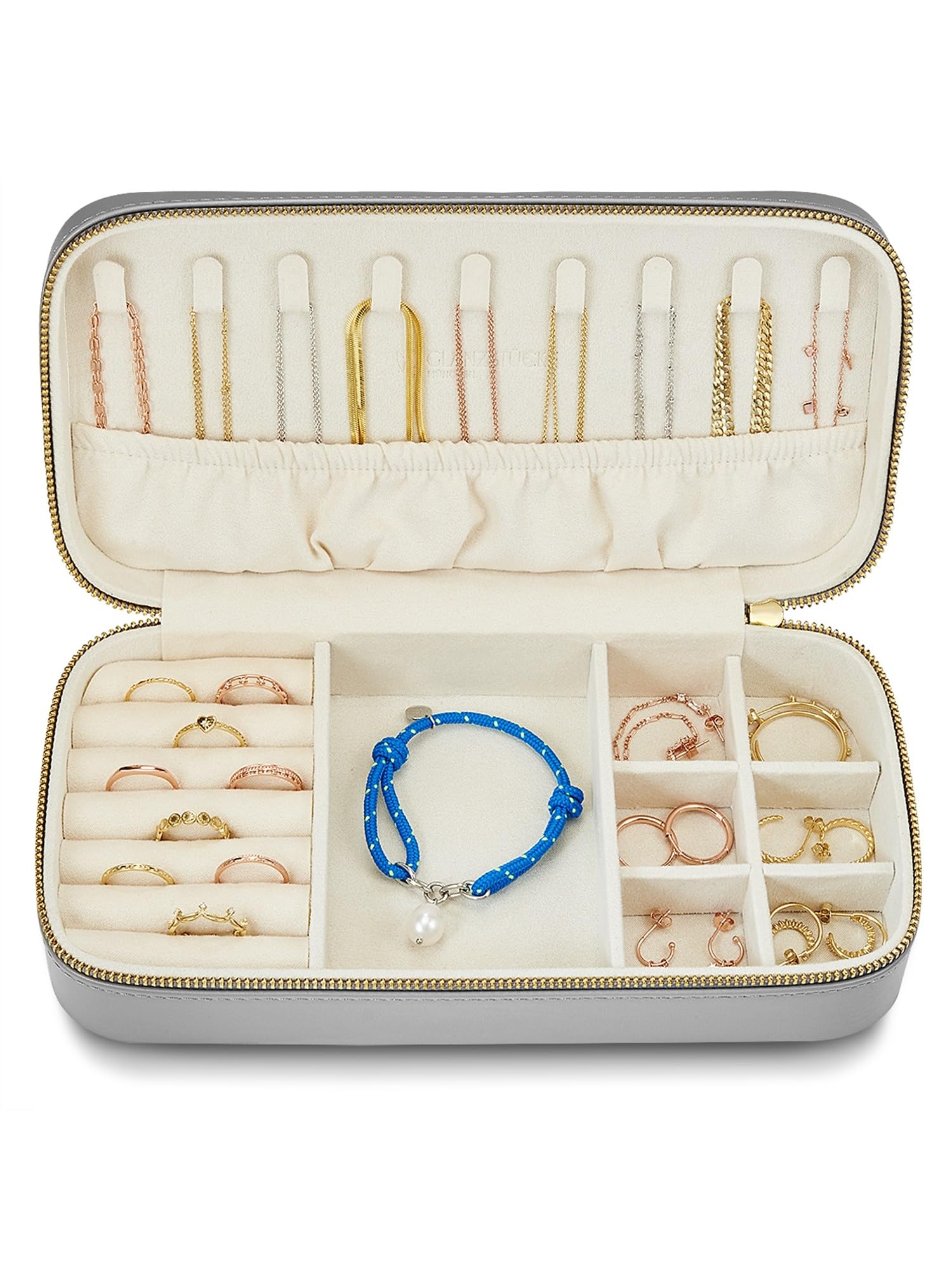 GLANZSTÜCKE MÜNCHEN Schmuck-Reisetäschchen Kunstleder grau | Samt, creme, Maße 23,5 x 11,5 x 5,8 cm, Spiegel nein, Schmucketui, Schmuckschatulle für die Reise