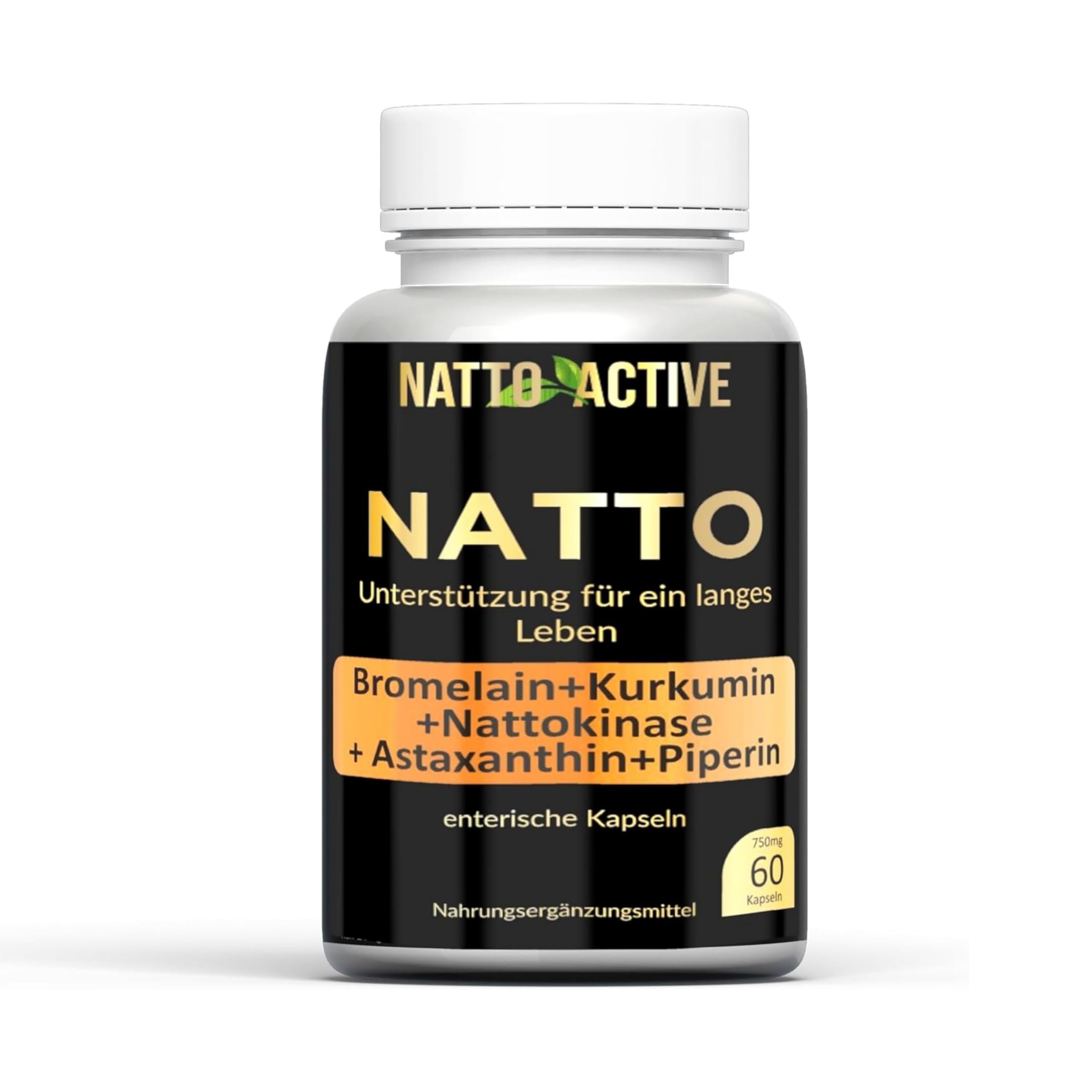 Nattokinase Hochdosiert Bio (20.000 FU/g) mit Bromelain 500mg | Kurkumin 300 mg, Astaxanthin 16mg, Vitamin K2 MK-7 & Piperin, 6 Inhaltsstoffe in 1 Kapseln - Nattokinase Kapseln 60