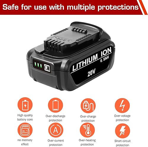 Miniatura 3 de Paquete de 2 baterías de repuesto de 20 V 6.5 Ah para batería Dewalt de 20 V DCB200 DCB201 DCB203 DCB204 DCB206, batería compatible con herramientas