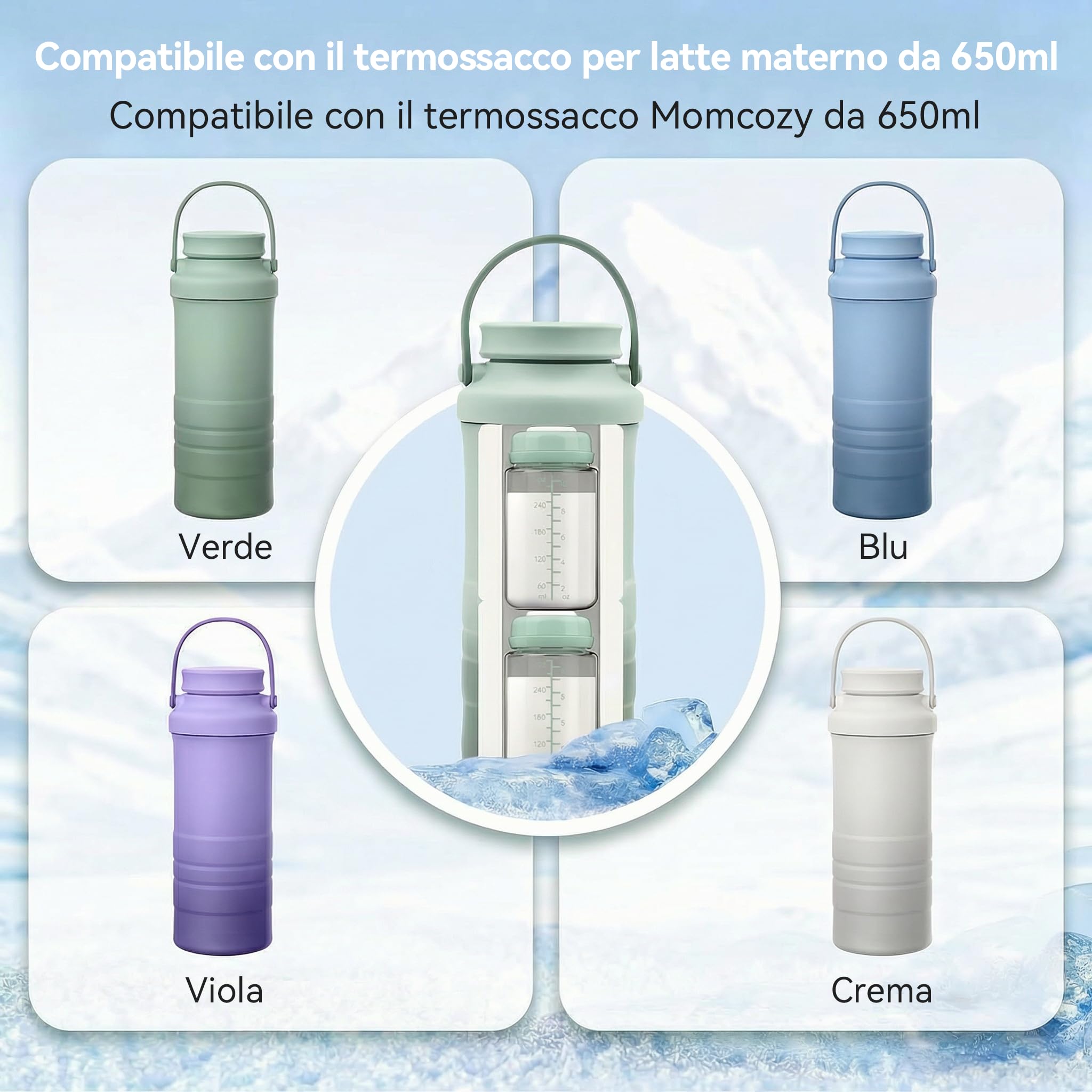 4PCS Biberon per Conservazione Latte Materno 300ml Confezione da Raffreddatore Momcozy 650ml– Anti-Perdita Collo Largo Compatibili con Spectra S1 S2 9Plus SG Motif Luna (Verde)