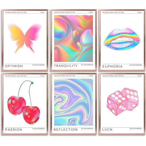 6 Pcs Pink Trendy Preppy Energy Wall Art Retro Gradient Dorm Posters Prints Funky Euphoria Aesthetic Room Wall Decor for Girs Dorm Aesthetic Decoration Unframed