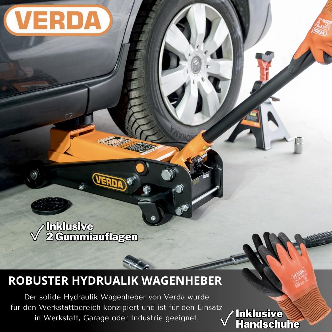 Verda Gato Hidráulico de Carretilla 3 T, Altura de Elevación 130-490 mm, Incluye 2 Almohadillas de Goma y Guantes, Gato para Coche, Turismo, Autocaravana y Todoterreno, Uso Profesional