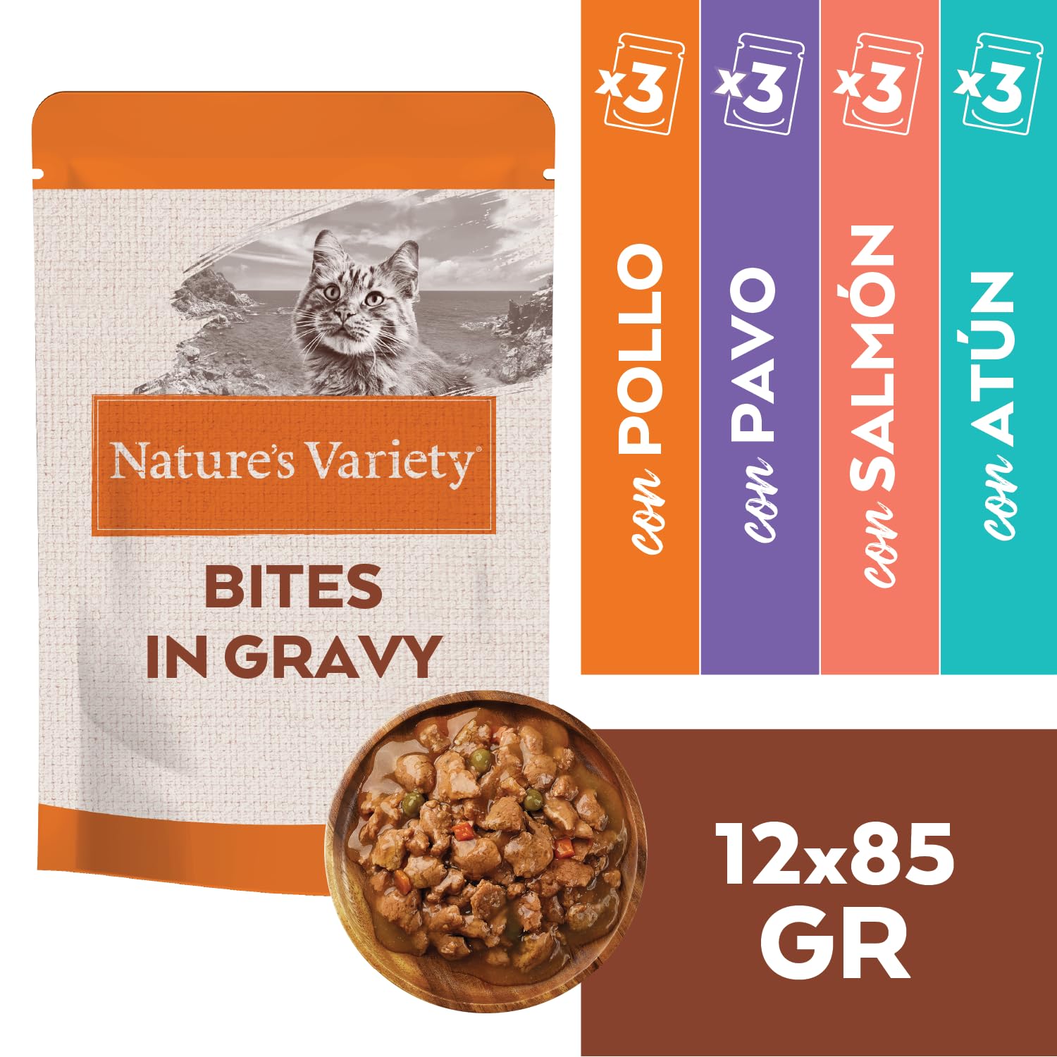 Nature's Variety Bocaditos en Salsa Comida Húmeda para Gatos Cajita Multisabor 12 x 85g
