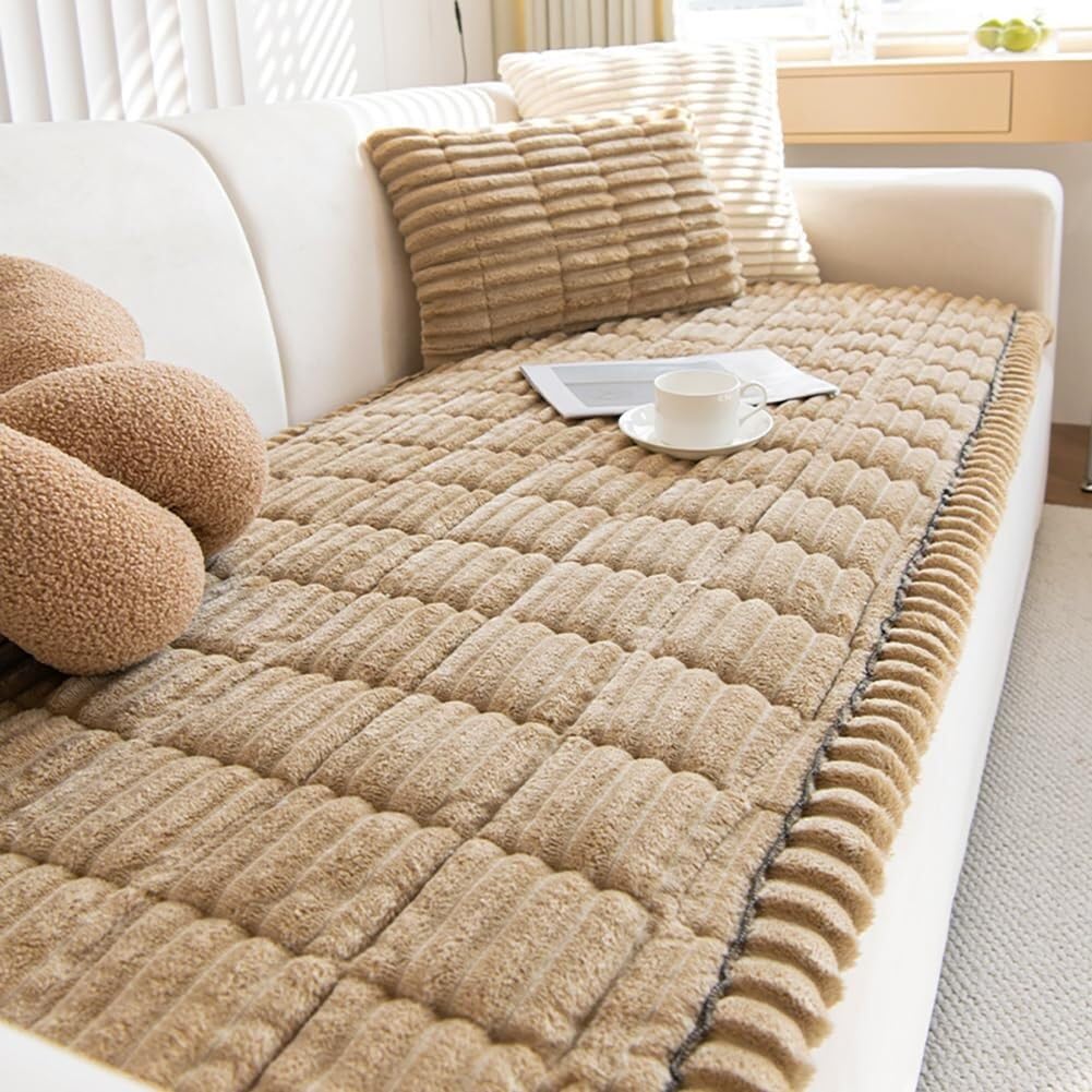RAKKYOFD Soft Corduroy Sectional Sofa Cover 1 Piece Striped Couch Cover Super Washable Non Slip Sofa Slipcover Furniture Protector for Kid Dog Pet,(Coffee,31"x31")