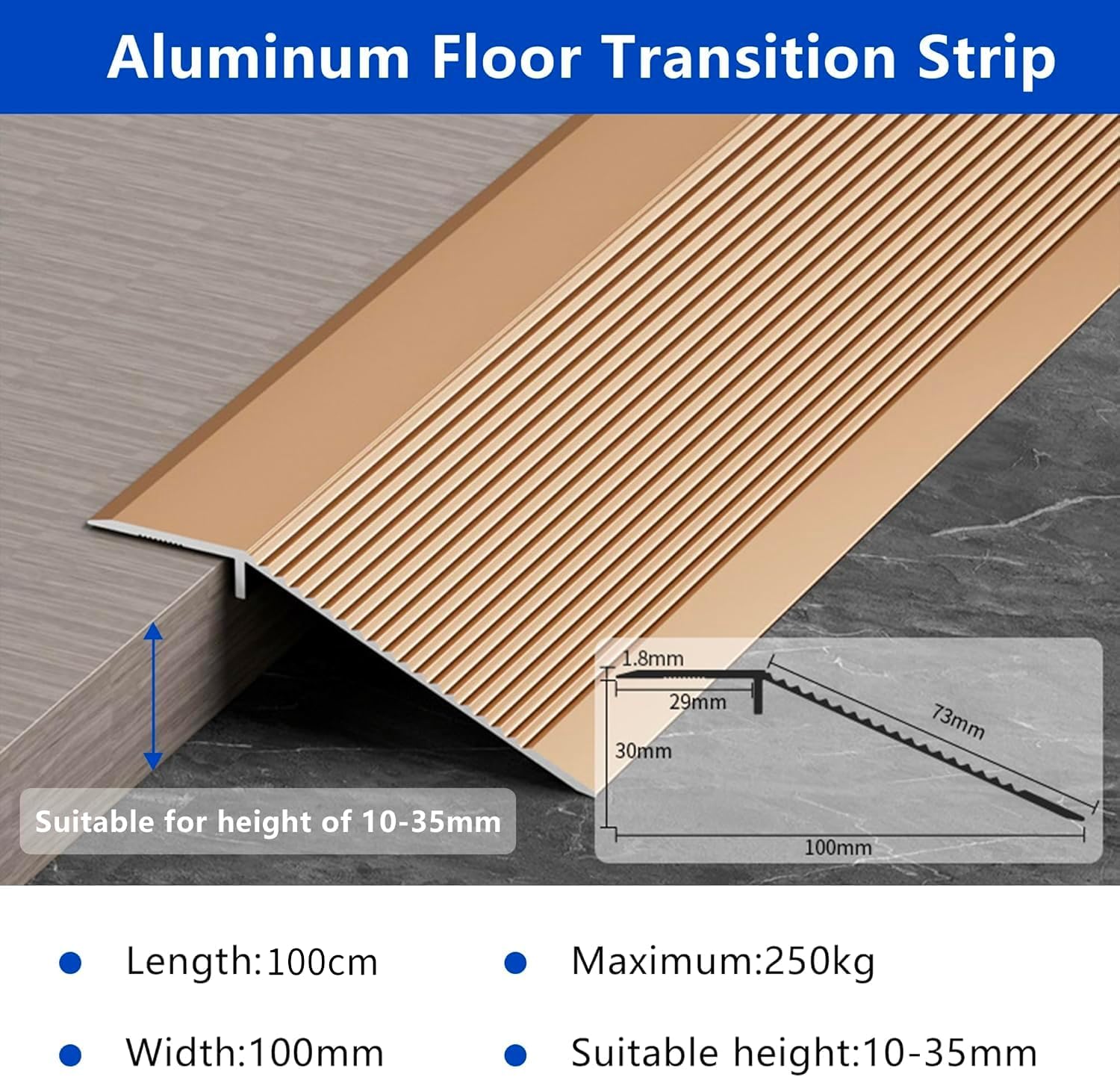 1 Meters Aluminum Floor Transition Strip Door Bar,Floor Bar for Doorways Threshold Ramp Tile Laminate Planks,Bridge The Height Between 10-35mm(Copper Gold,10cm) - Image 2