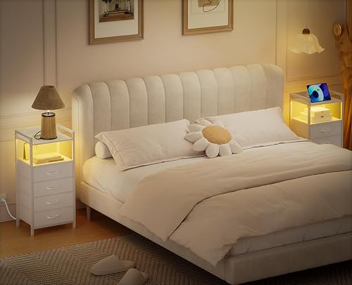 Miniatura 2 de Furnulem Mesita de noche blanca con 4 cajones de almacenamiento, cómoda alta para dormitorio con luz LED y estación de carga, mesa auxiliar para