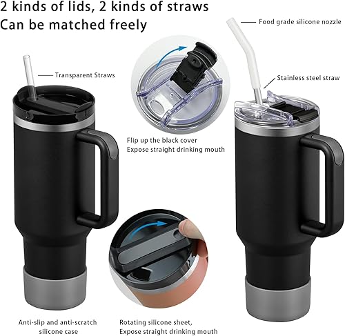 Miniatura 2 de TEAMVV Vaso de 40 onzas con asa y pajita, de acero inoxidable, aislado al vacío, para té o café helado, para bebidas calientes o frías, vaso de 40