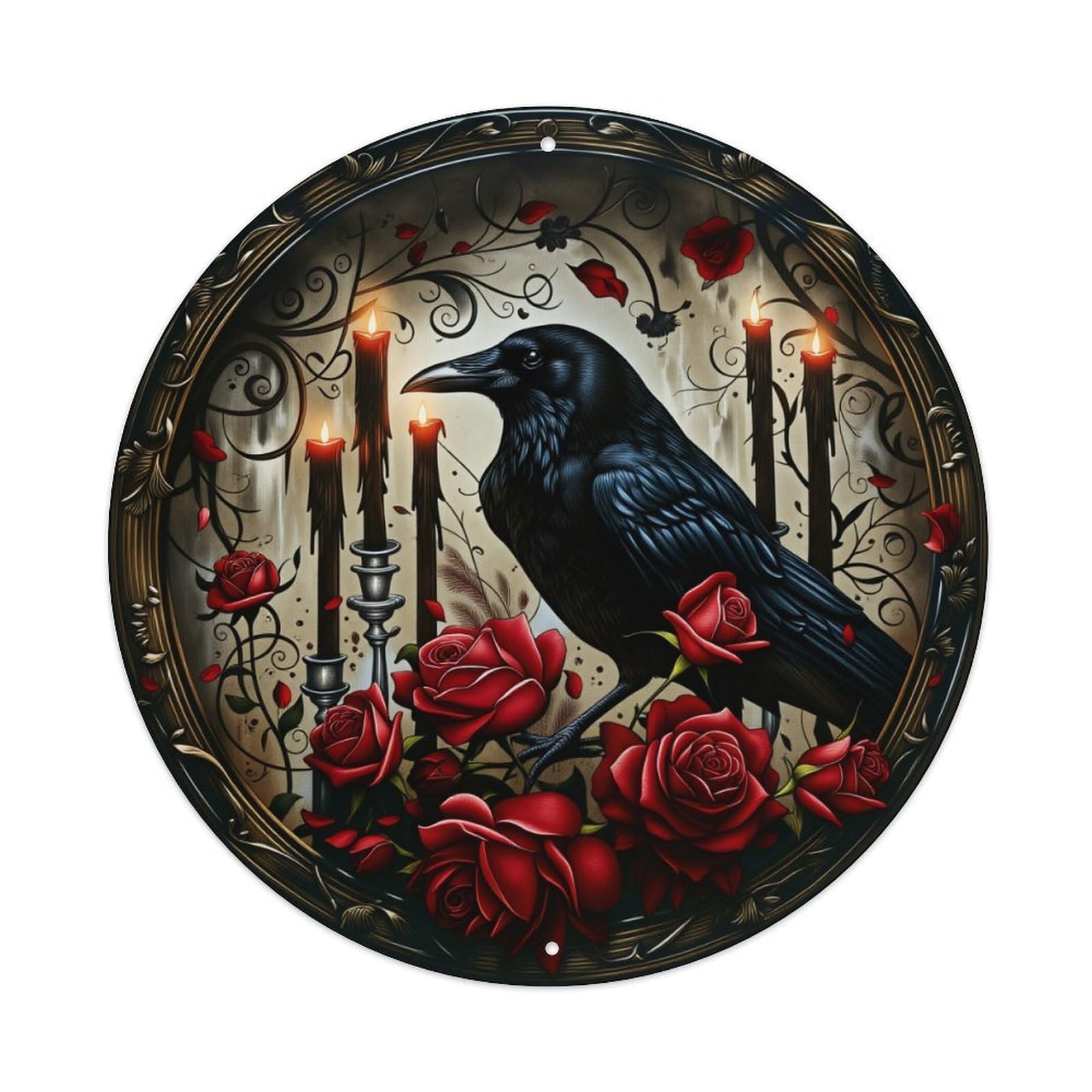 Crow Roses Candles Vines Round Tin Sign Retro Metal Sign for Cafe Bar Pub Home Game Room Gym Club Wall Decoration Vintage Metal Poster 8x8 Inch