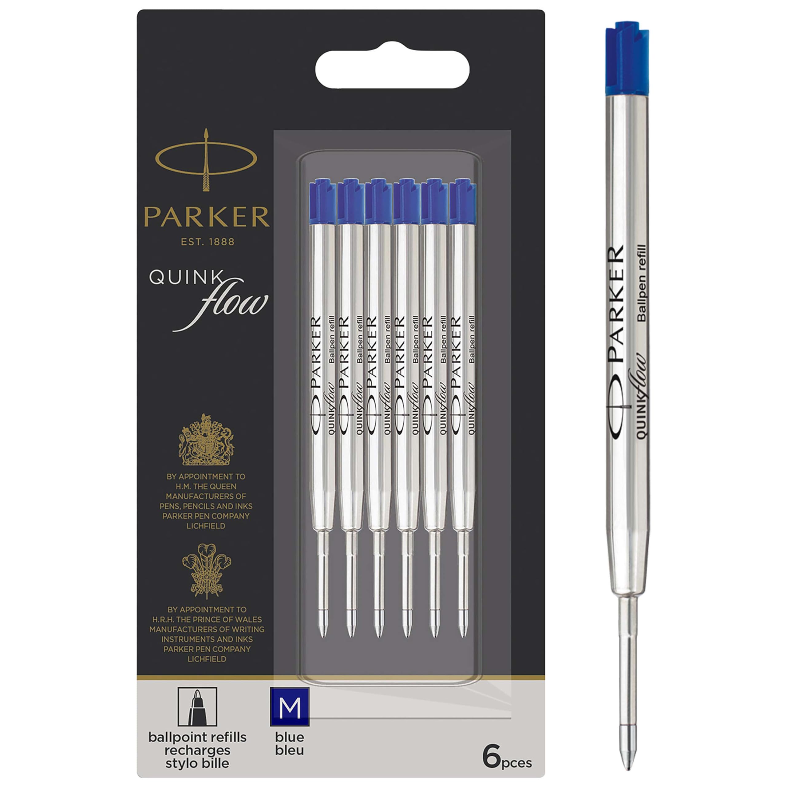 Parker Quinkflow Ballpoint Pen Ink Refills, Medium Tip, Blue, 6 Count Value Pack (2025156)