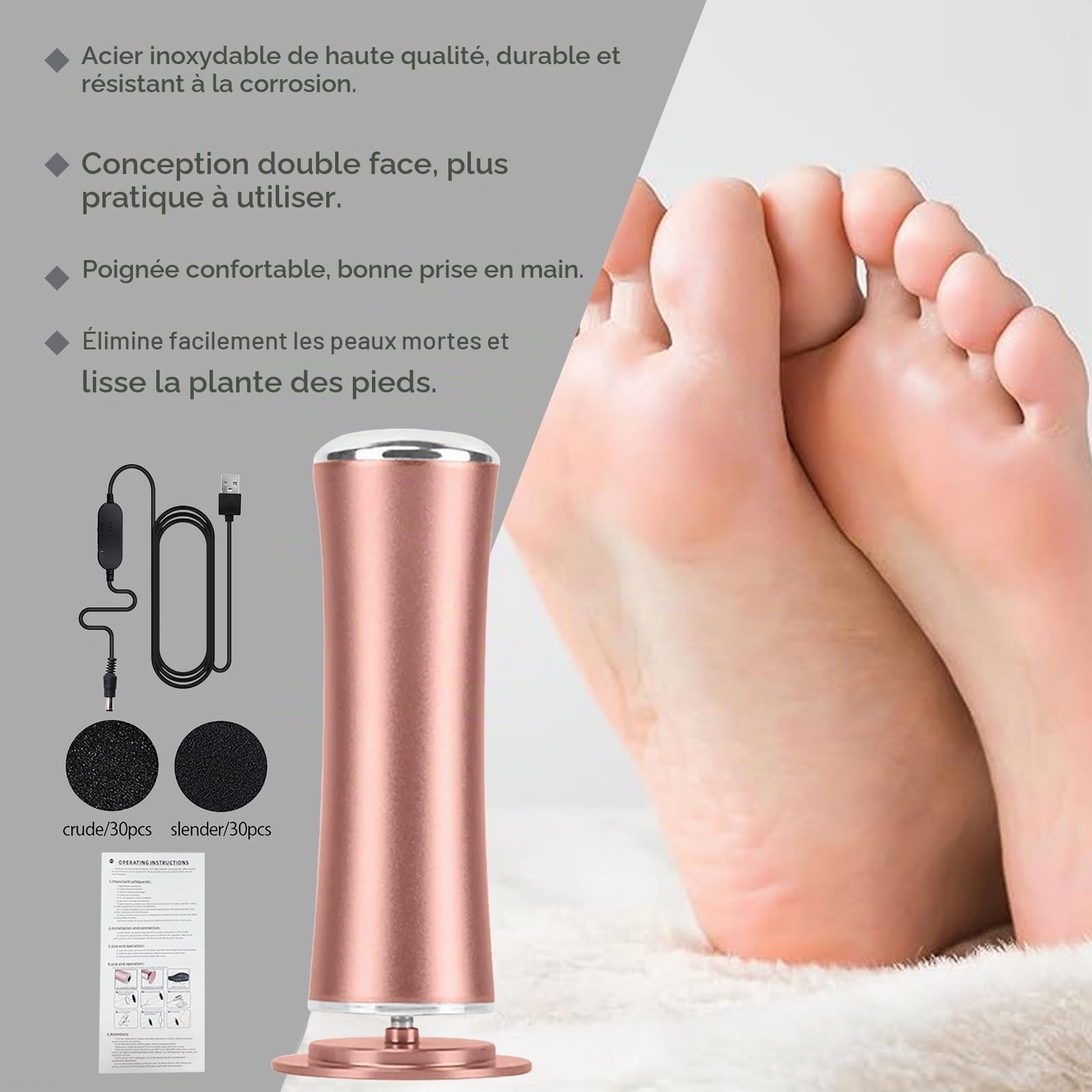Ponceuse électrique pédicure noir avec 60 tampons polissants, vitesses réglables, anti callosités peaux mortes pieds gercés homme femme (Or)