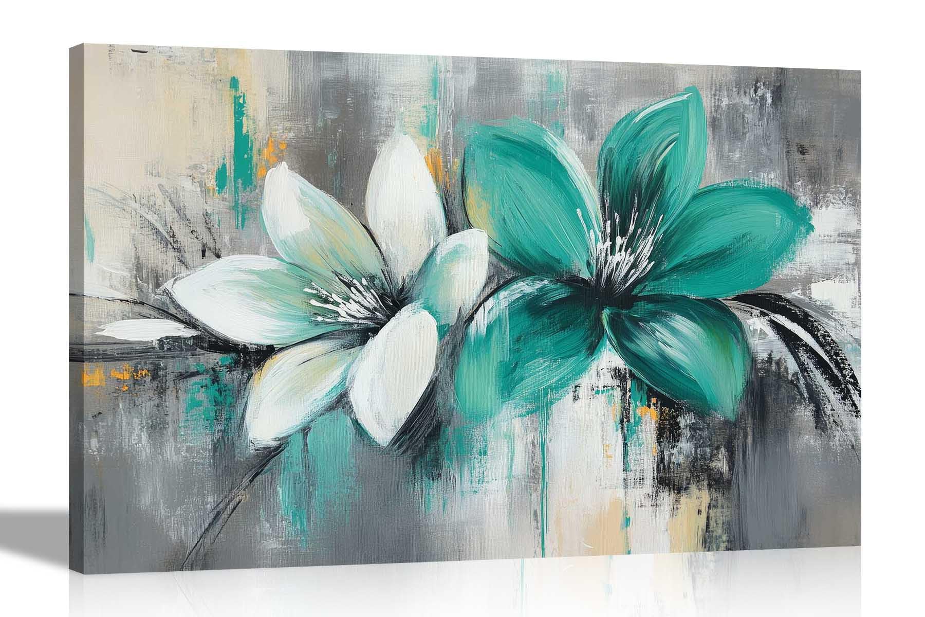 Artley Prints Rustic Graffiti Teal Flower - Abstract Graffiti Style Teal White Flowers Canvas Wall Art Prints Garden Decoration Home Office Bedroom Pictures 76 X 50Cm (30 X 20 Inches)
