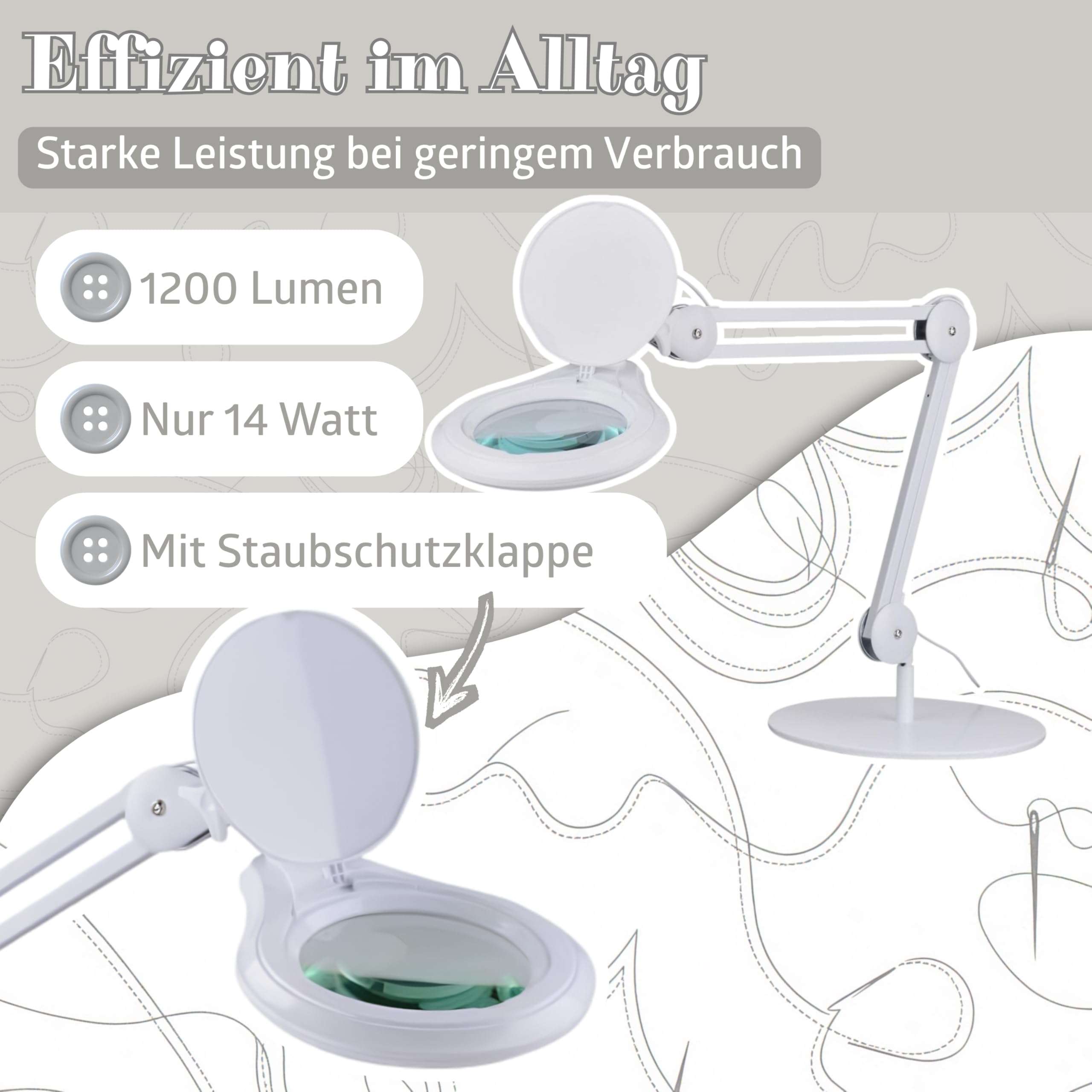 SEMPLIX LED Tischleuchte, 60 weiße LEDs, weiß, Große Echtglas Lupe (Ø 127 mm, 3 Dioptrien), Tischlampe mit flexibel verstellbarem Schwenkarm, 4-fach Dimmbar, Nählampe, Leselampe, Kosmetiklampe
