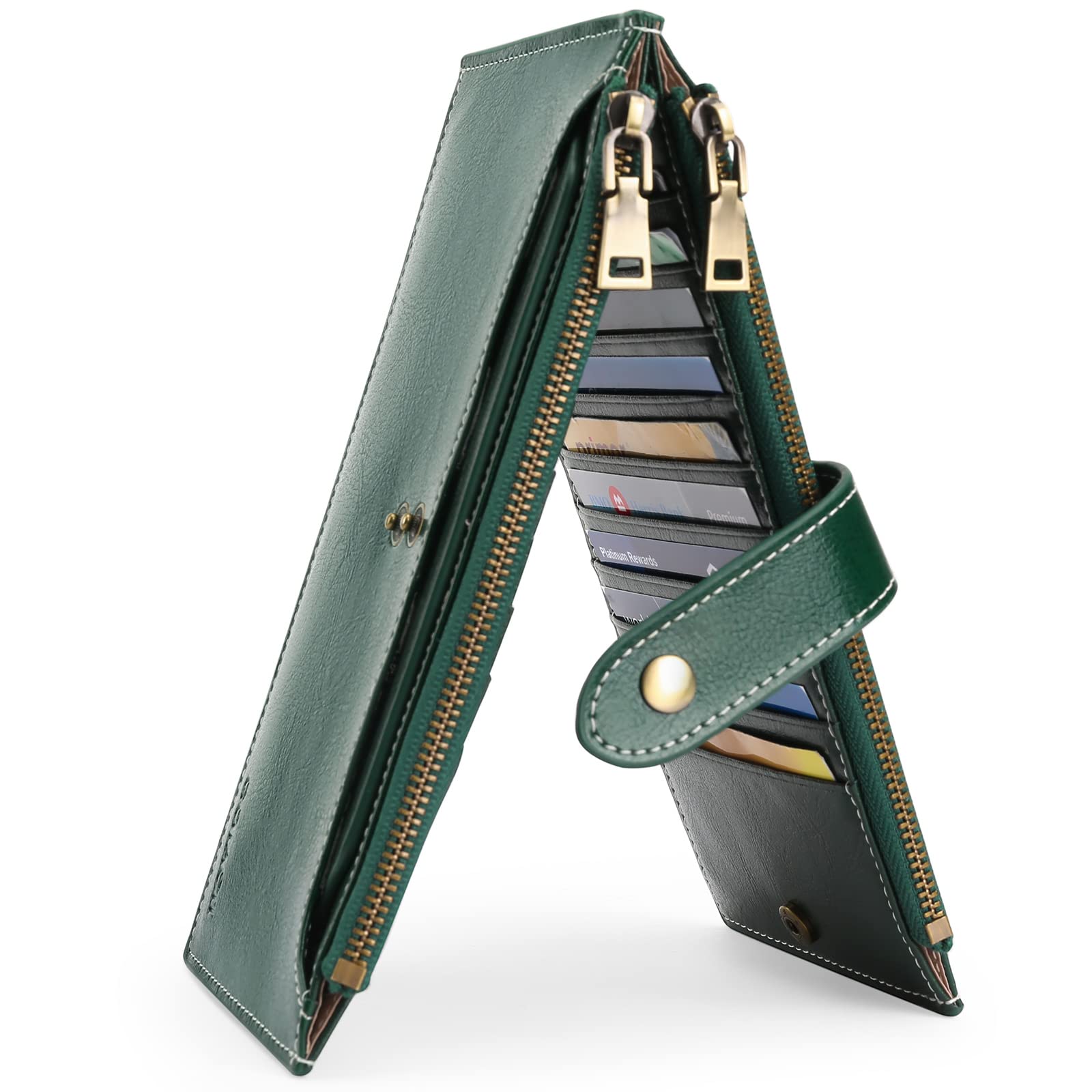 GOIACIISlim Women's Leather Wallet RFID Blocking Bifold Card Holder with 2 ID Windows, Double Zipper Pockets