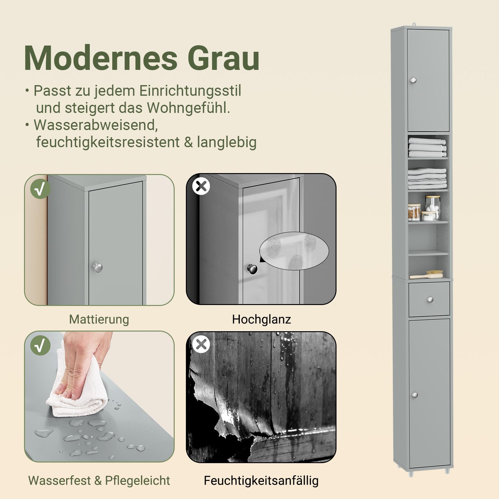 SoBuy Badezimmerschrank Hochschrank Schmal Badschrank für kleine Bäder mit verstellbaren Einlegeböden Platzsparender Badezimmer Schrank für Waschbecken, WC, Waschmaschine 20x20x180cm Grau BZR34-II-HG