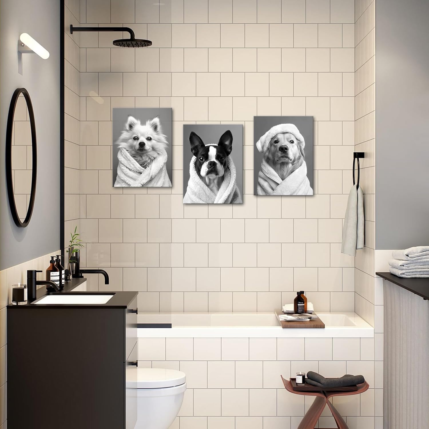 AoArtWZ Black and White Dogs Canvas Wall Art Funny Animal Chihuahua Labrador in Bathrobe Painting Picture Artwork Prints for Home Bathroom Decor Framed 12"x16"x3 Pcs