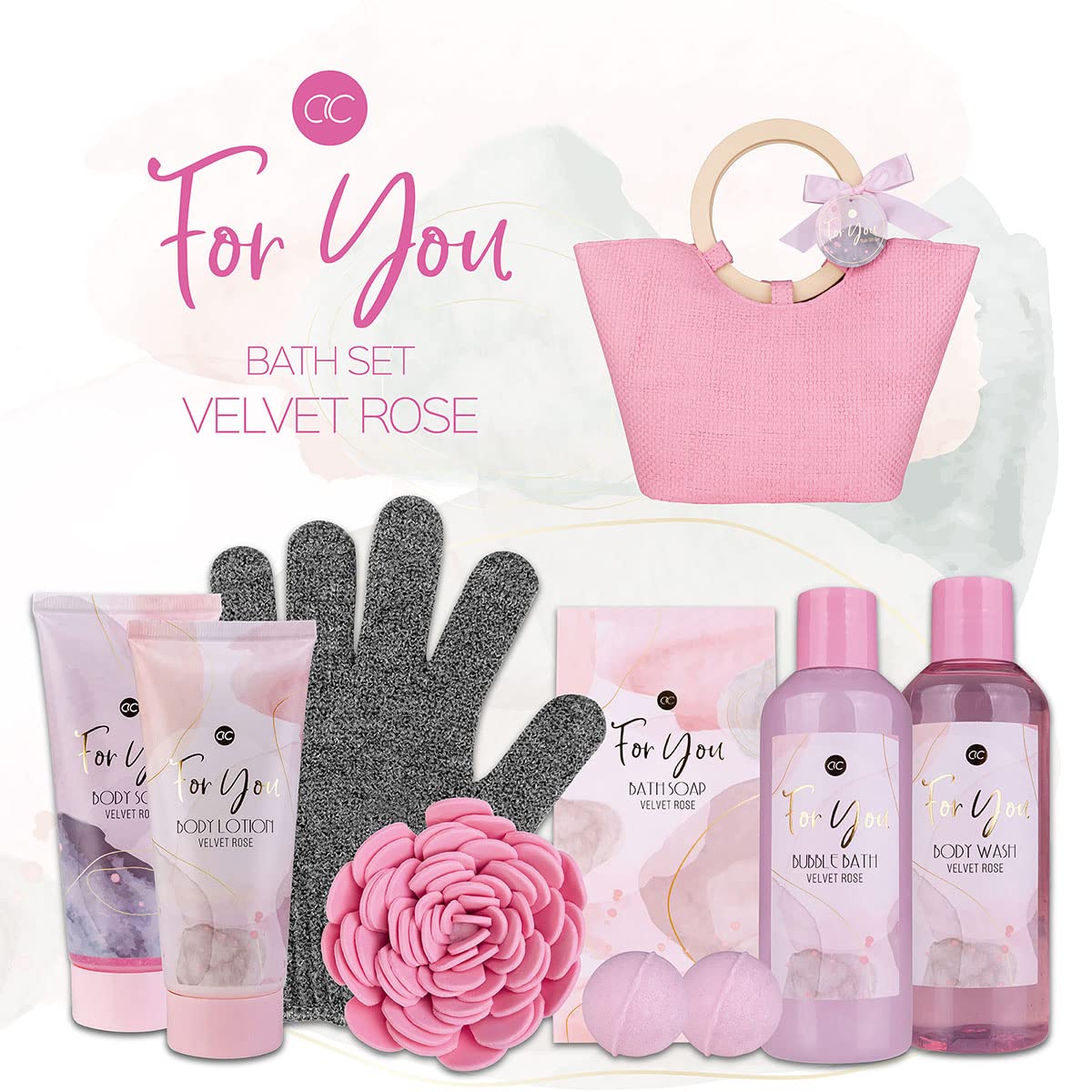 Set da bagno Accentra PINK ROSE in borsa, gel doccia, lozione per il corpo, bagnoschiuma, scrub corpo, sapone, bomba da bagno, spugna e guanto esfoliante, set regalo benessere per donna