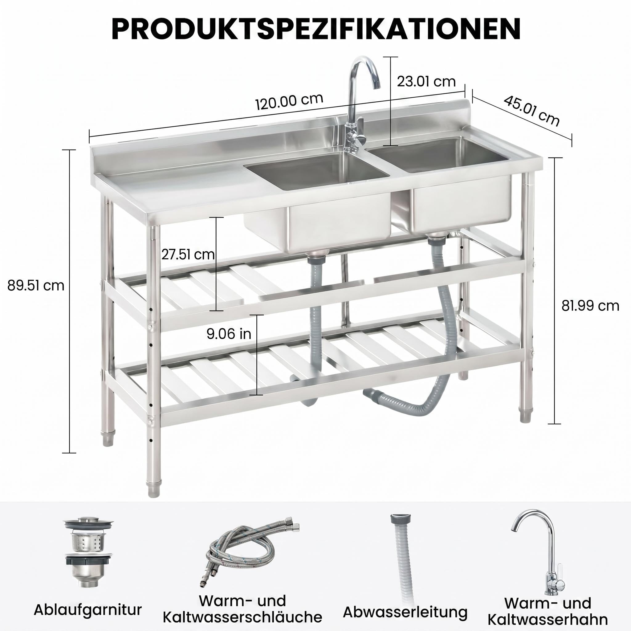 GarveeLife Freistehend Edelstahl Multifunktionswaschtisch, 120x45x82 cm | Freistehend mit großer Arbeitsfläche, geeignet für Waschküche, Garage sowie Hauswirtschaftsraum