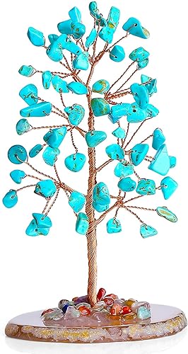 QINJIEJIE Árbol de la vida de cristal turquesa con cristales curativos, piedra natural, árbol del dinero, piedra preciosa, ágata, base de rodajas,