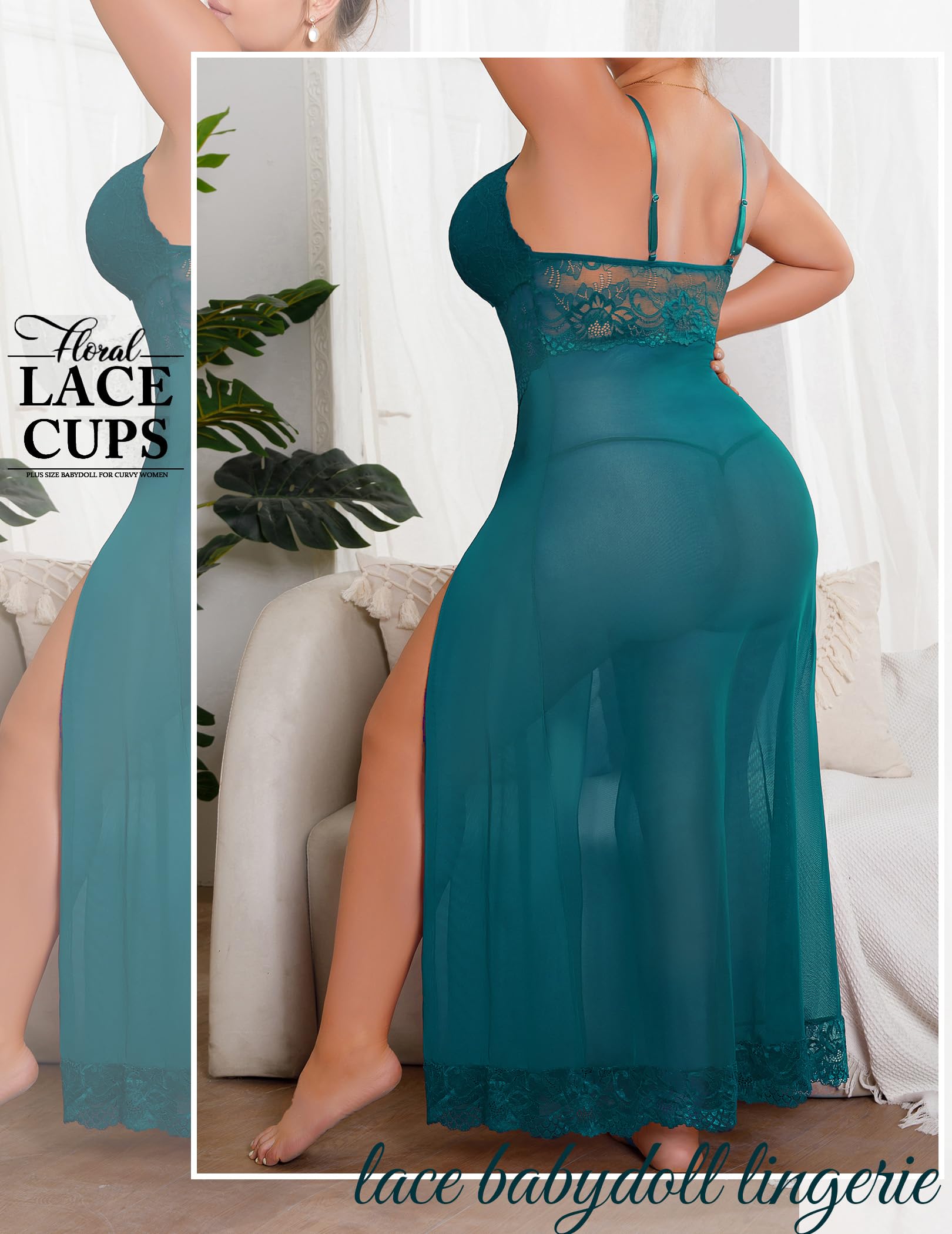 Alrovetoney Plus Size Lingerie For Women Babydoll Sexy Mesh Maxi Nightdress Exotic Sleepwear Side Slits: Dark Green 3X-Large