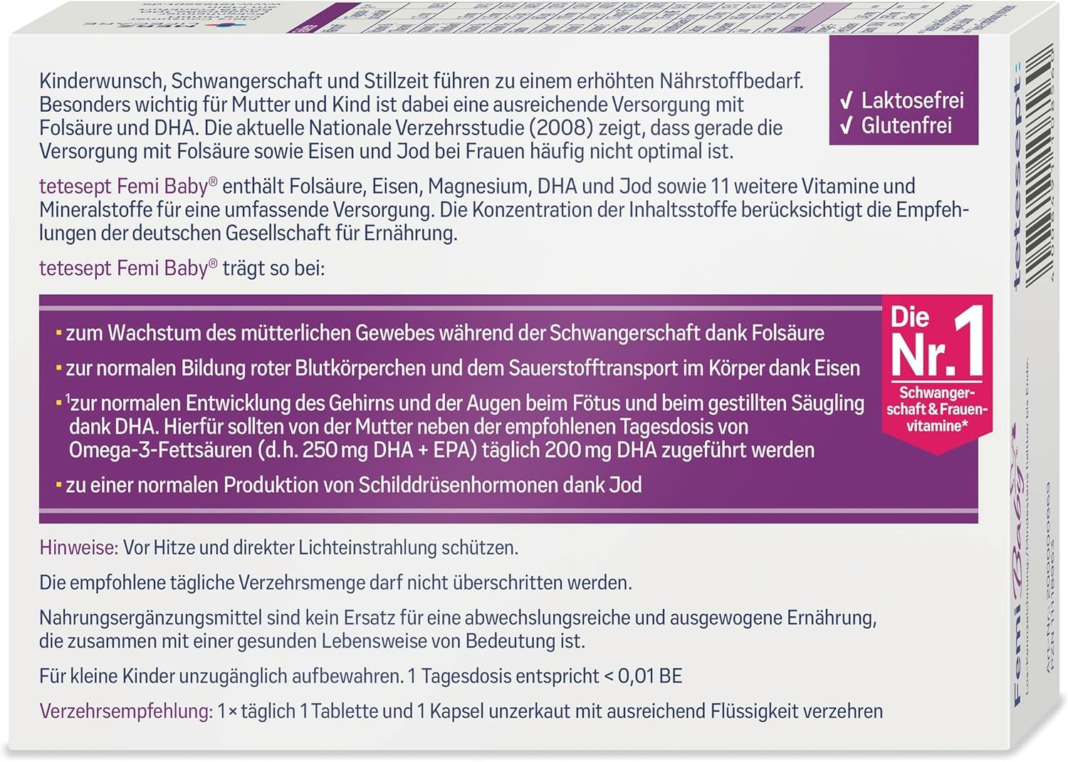 tetesept Femi Baby (2 Monatspackung) - Nahrungsergänzungsmittel für Kinderwunsch, Schwangerschaft und Stillzeit - Mit Folsäure, Eisen, DHA und weiteren Nährstoffen