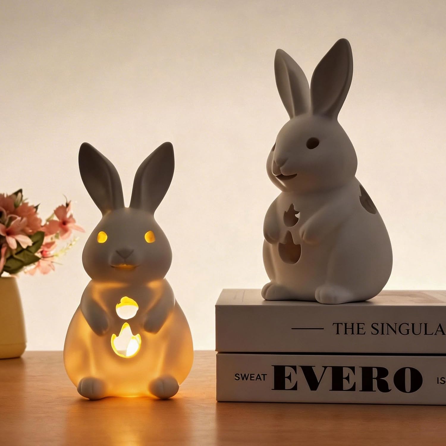 Bunny Statue Candle Holder, White Resin Hollow-Out Rabbit Figurine, Waterproof Outdoor Garden Porch Decor, Indoor Tabletop Window Sill Ornament (No LED Candle, Big)