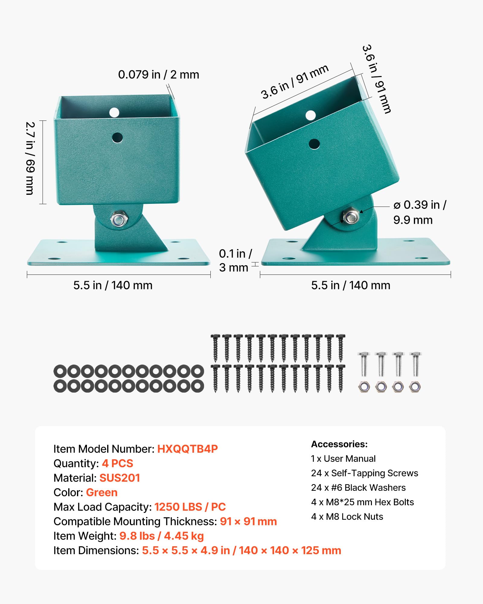 VEVOR 4 Stk. Verstellbare Schaukelhalterung, Grundhalterung aus Edelstahl für Schaukelgestell, 567kg Belastbare Schaukelbefestigung für 91x91mm Montagestärke, 45-60° Schaukelanker für Balance & Schutz