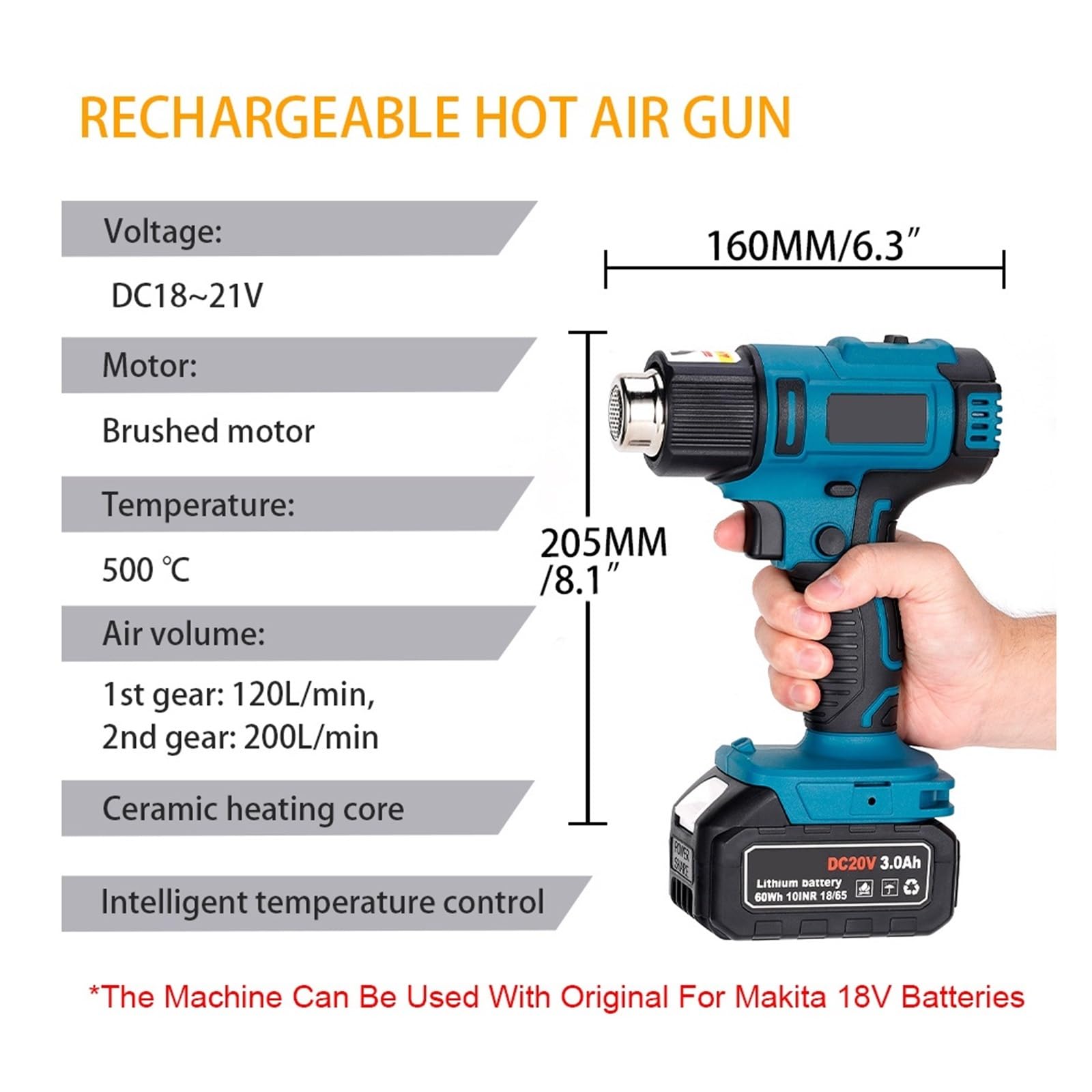 Pistola De Calor Eléctrica For Batería 18V, Aire Caliente Mano Inalámbrica, Temperatura Ajustable, Herramienta Secador Pelo Industrial For El Hogar Calentamiento RáPido(2Battery 3.0A)