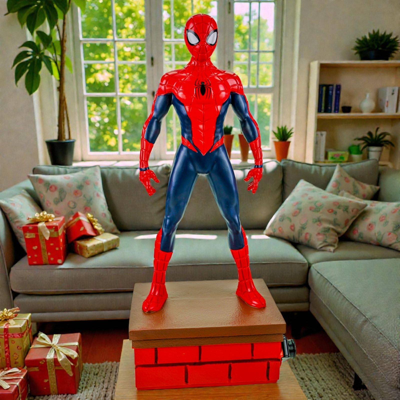 Gartenfigur Spiderman 41 cm Dekofigur Polyresin Figur für In- und Outdoorbereich | Superheld auf Ziegelsockel als Blickfang für Garten, Terrasse, Balkon oder Wohnzimmer