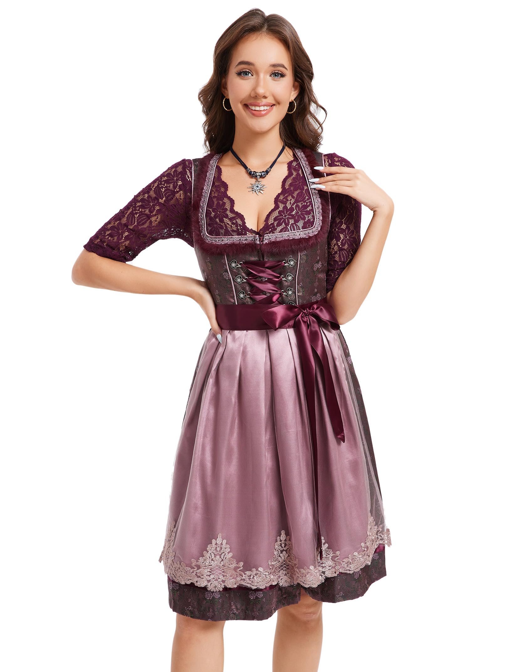 KOJOOIN Dirndl Damen Trachtenkleid Weinrot Dirndlkleid Midi Jacquard Trachtenrock Oktoberfest Outfit mit Dirndlschürzen