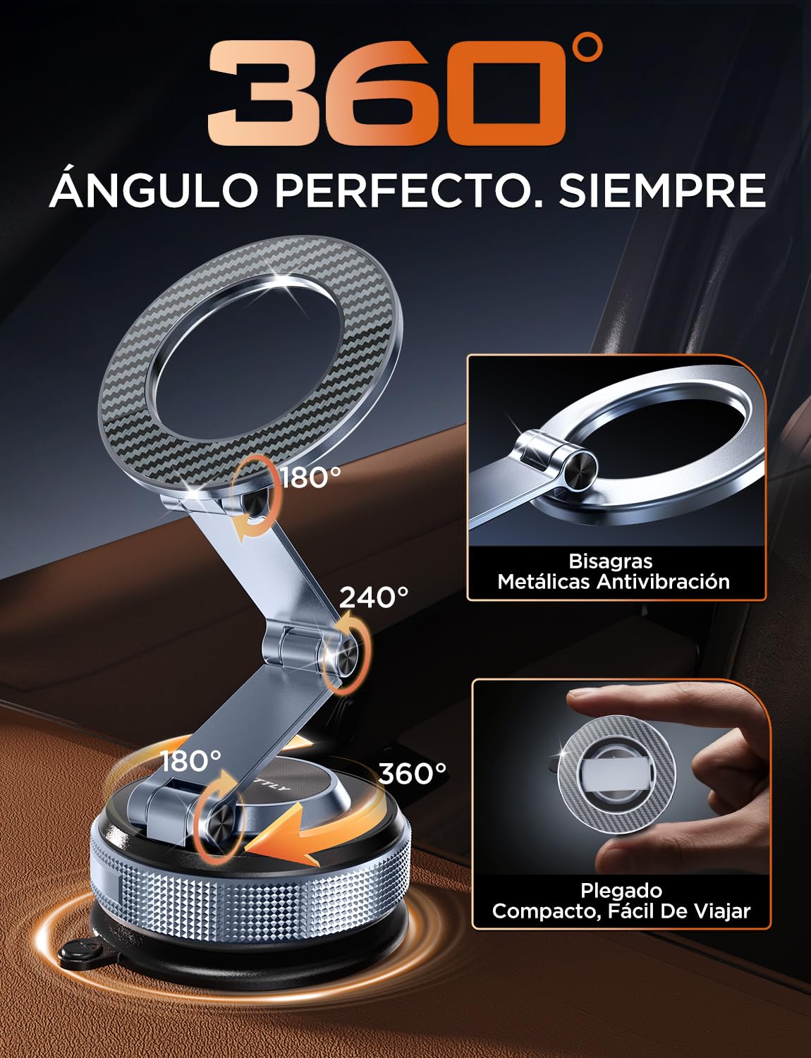 MSXTTLY Soporte Móvil Coche – Vmag S3 2026 Soporte Magnético al Vacío con Imanes Potentes y Brazo Doble de Aleación, Compatible con iPhone 17 Pro MAX, iPhone 16–12 y Android (con Anillo Magnético)