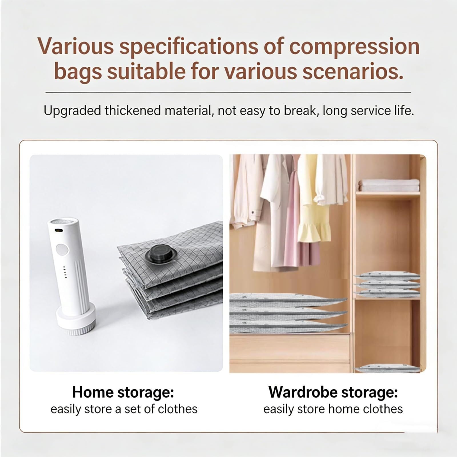 Set di sacchetti compressione for conservazione sottovuoto da viaggio senza fili con pompa ricaricabile, organizer for cubetti, salvaspazio for vestiti e abbigliamento(6pcs)