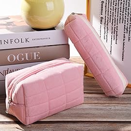 SOIDRAM Checkered Cosmetic Bag - Plush Pink Makeup Pouch, Large Capacity, Travel Toiletry Bag Organizer with 1Pcs Makeup Brushes Storage